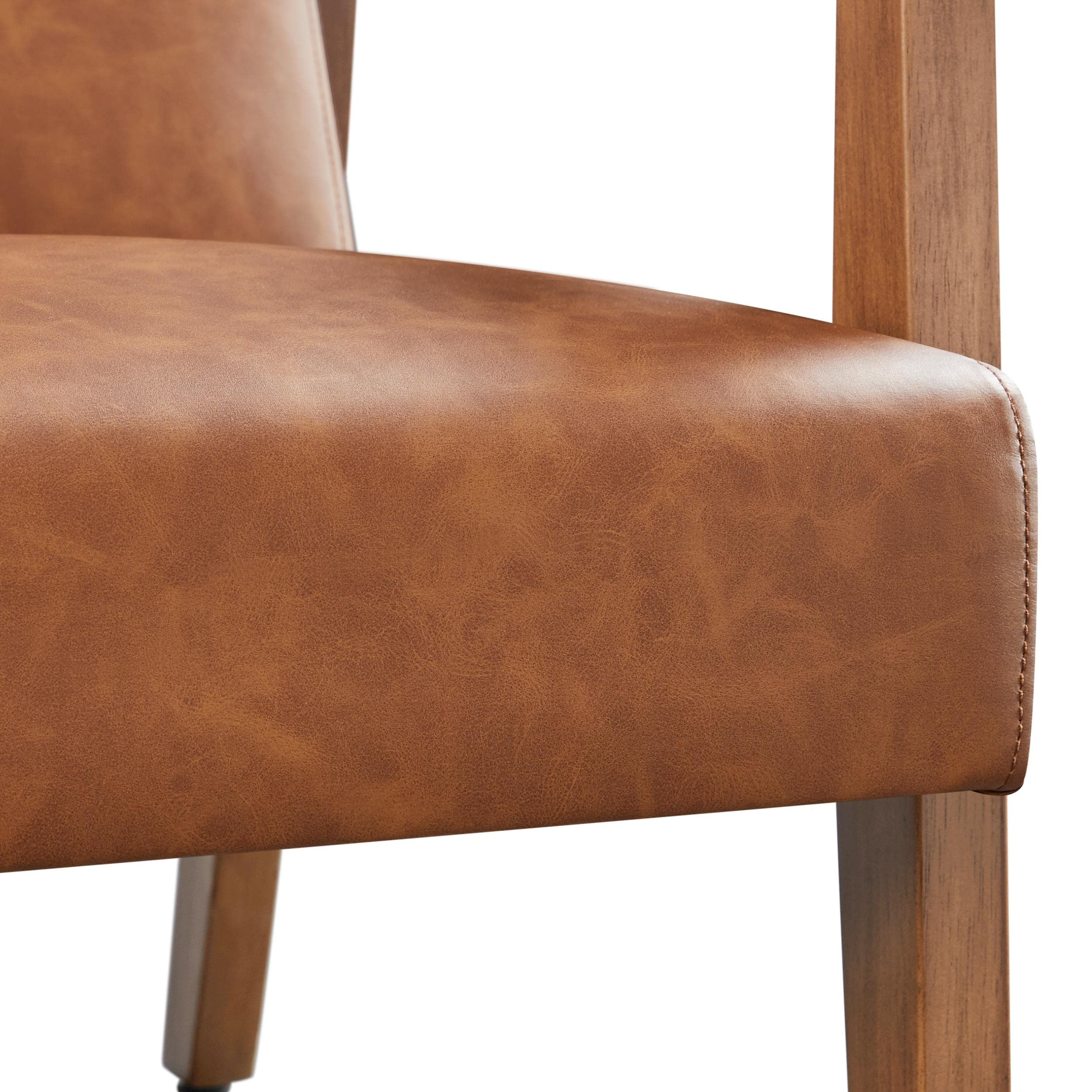 PU Leather Accent Chair, Mid-Century Modern Armchair with Solid Wood Legs, Reading Leisure Chair with High Back for Living Room Bedroom Waiting Room, Light Brown