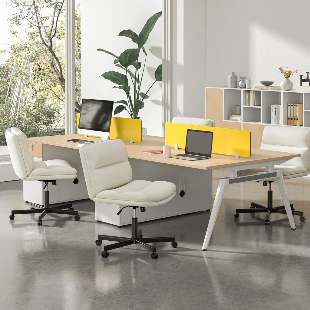 Ergonomic Armless Criss Cross Chair with Height Adjustable and Swivel, Wide & Thickened Cushion Cross Legged Vanity Chair, Comfortable PU Leather Desk Chair for Computer Task and Make Up, White