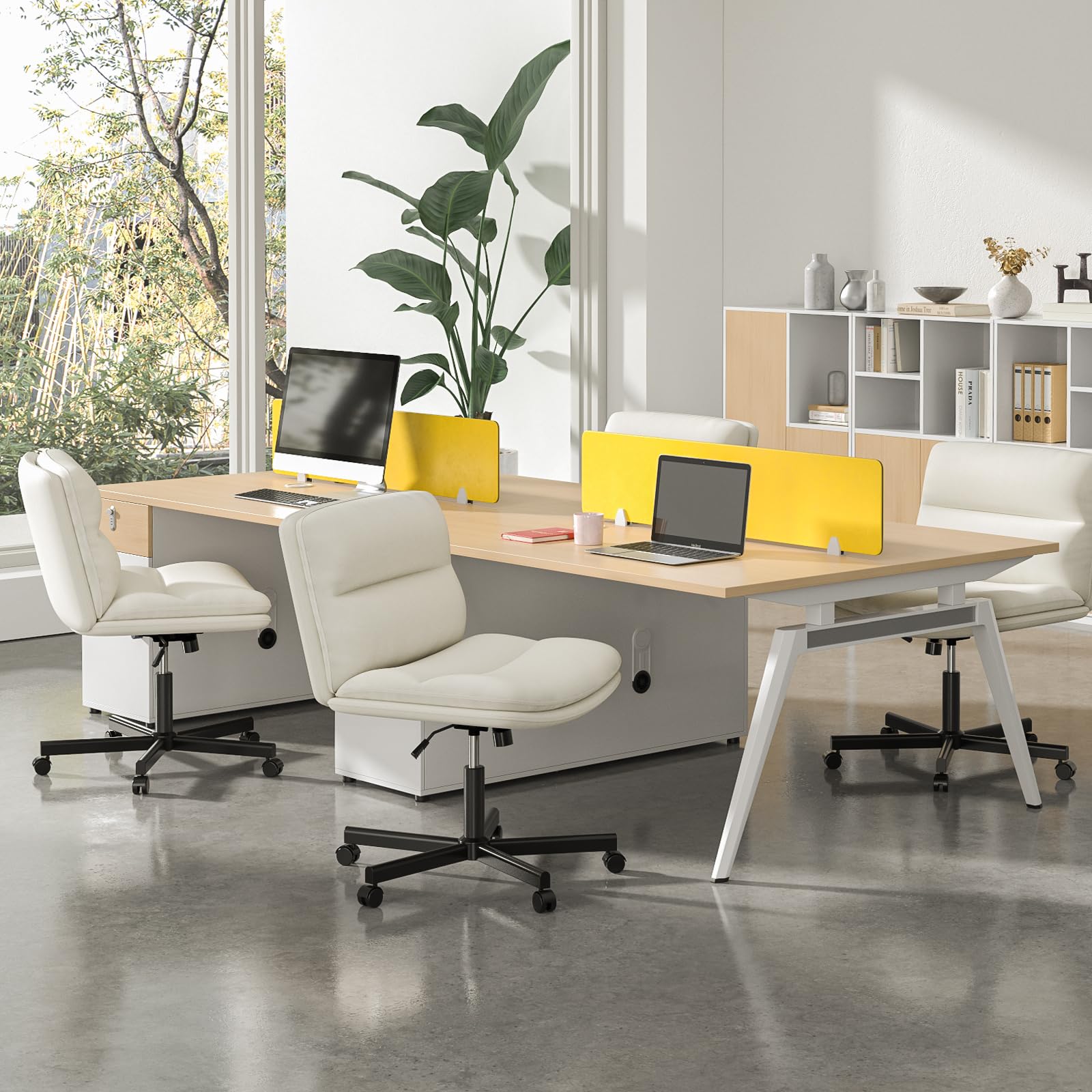 Ergonomic Armless Criss Cross Chair with Height Adjustable and Swivel, Wide & Thickened Cushion Cross Legged Vanity Chair, Comfortable PU Leather Desk Chair for Computer Task and Make Up, White