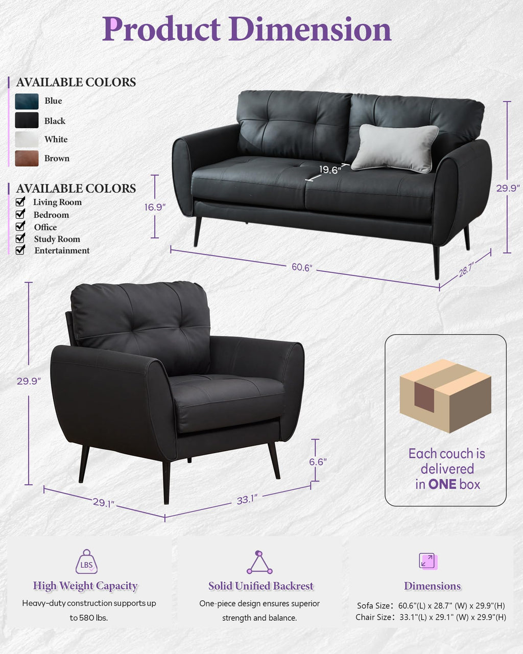 Sofa Couch 61" Small Loveseat Couches for Living Room Leather Couch Mid Century Modern Tufted Mini Sofa Comfy Office 2 Seat Settee Love Seat for Small Spaces Bedroom (2, Black)