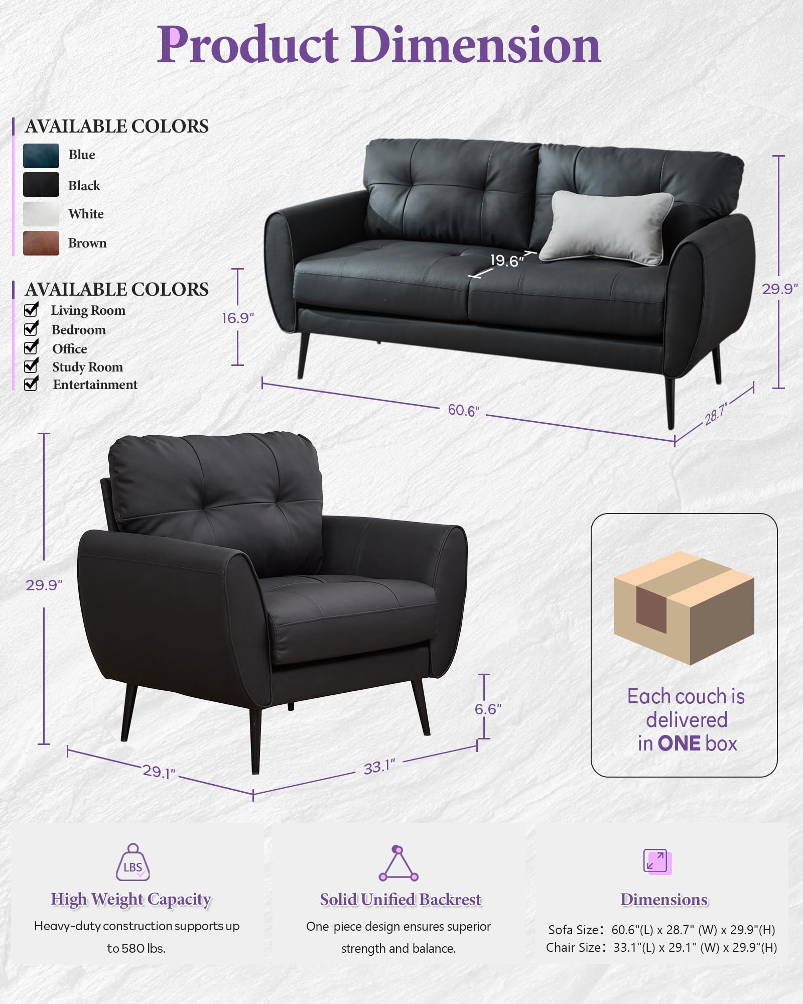 Sofa Couch 61" Small Loveseat Couches for Living Room Leather Couch Mid Century Modern Tufted Mini Sofa Comfy Office 2 Seat Settee Love Seat for Small Spaces Bedroom (2, Black)