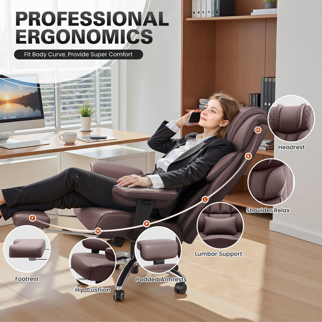 Office Desk Chair, Big and Tall Leather Gaming Chair with Footrest, Wide Ergonomic Comfy Executive High-Back Reclining Computer Chairs, Swivel Rolling Wheels and Padded Lumbar Support,Coffee
