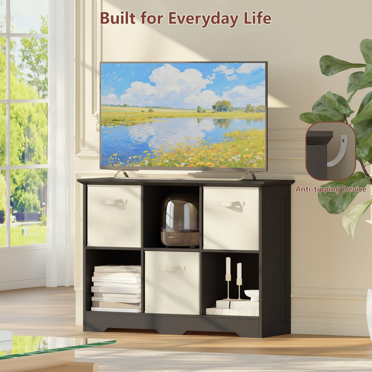6 Cube Storage Organizer with 3 Fabric Drawers and Removable Shelves — Modular Cube Bookshelf for Bedroom, Living Room, or Home Office, Short Cube Bookcase for Toys, Decor,Black