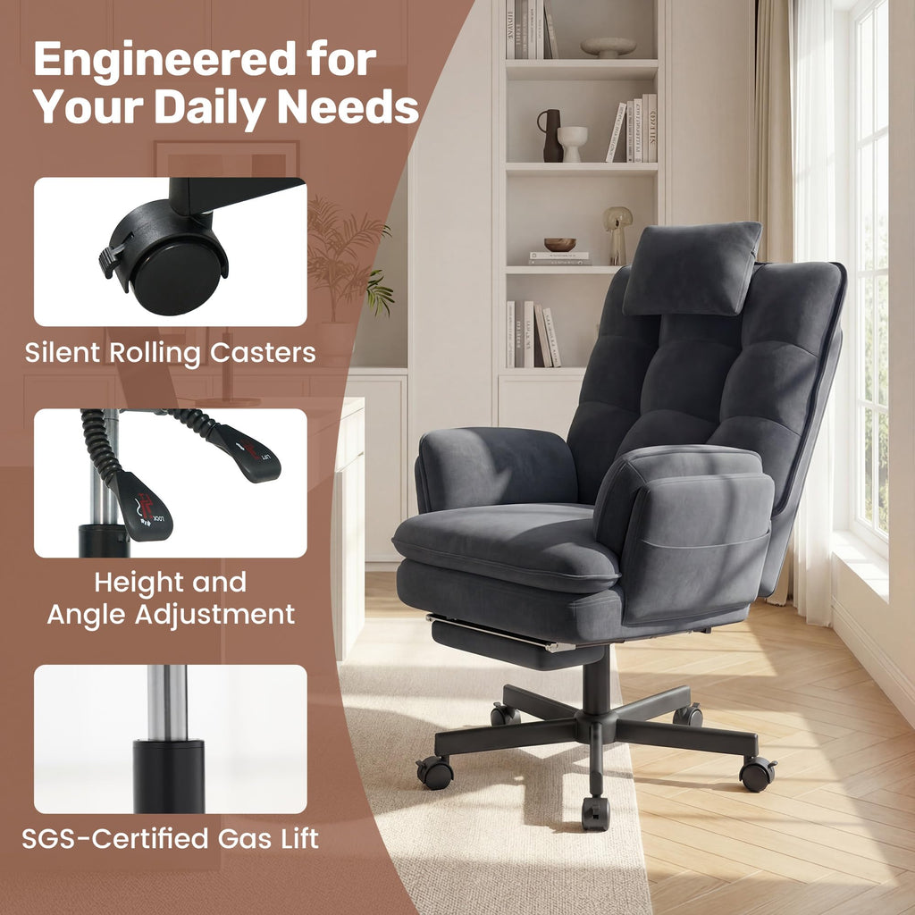 Criss Cross Office Chair with Foot Rest, Big and Tall Criss Cross Chair with Flip-Up Arms and Headrest, 135° Reclining Swivel Velvet Cross Legged Office Chair with Wheels, Cloud Chair for Home (Gray)