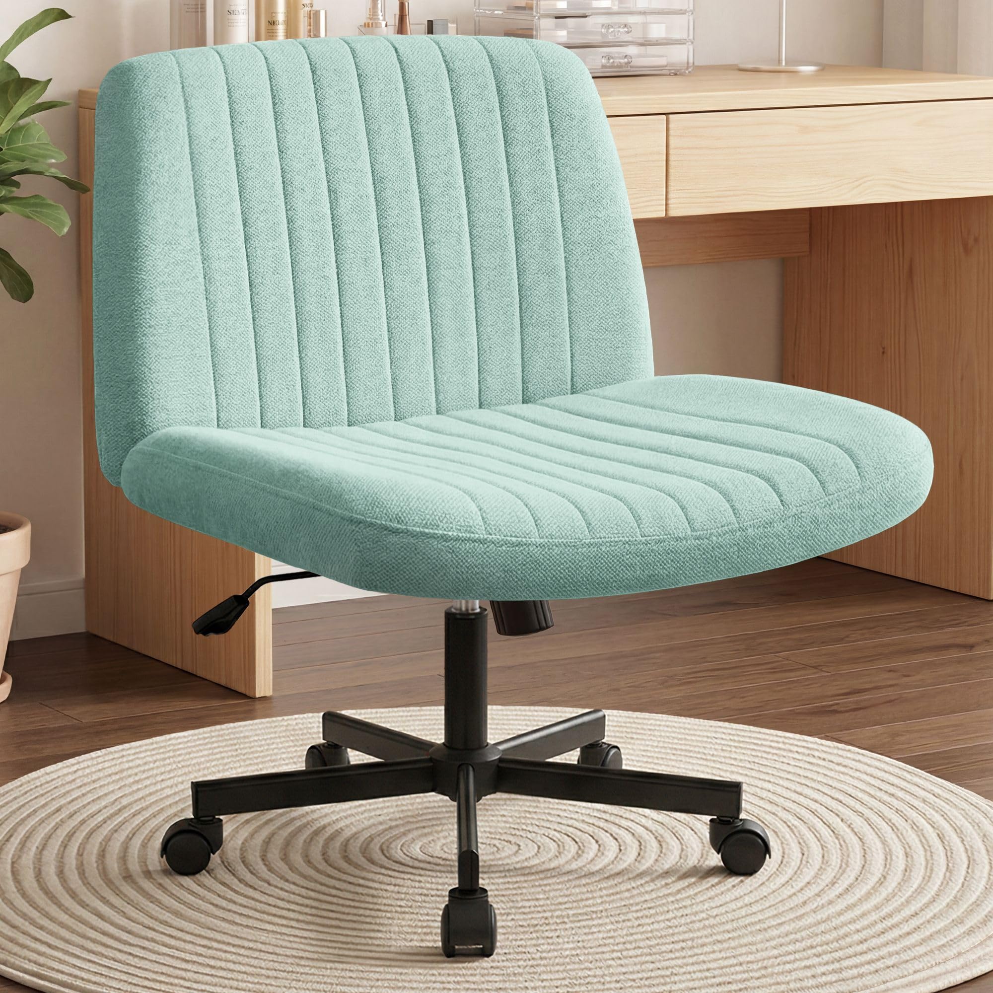 Criss Cross Chair Wheels Wide Cross Legged Office Desk Vanity Chair Comfy Fabric Armless Adjustable Swivel for Home Computer Task (Mint Wheel, Fabric)