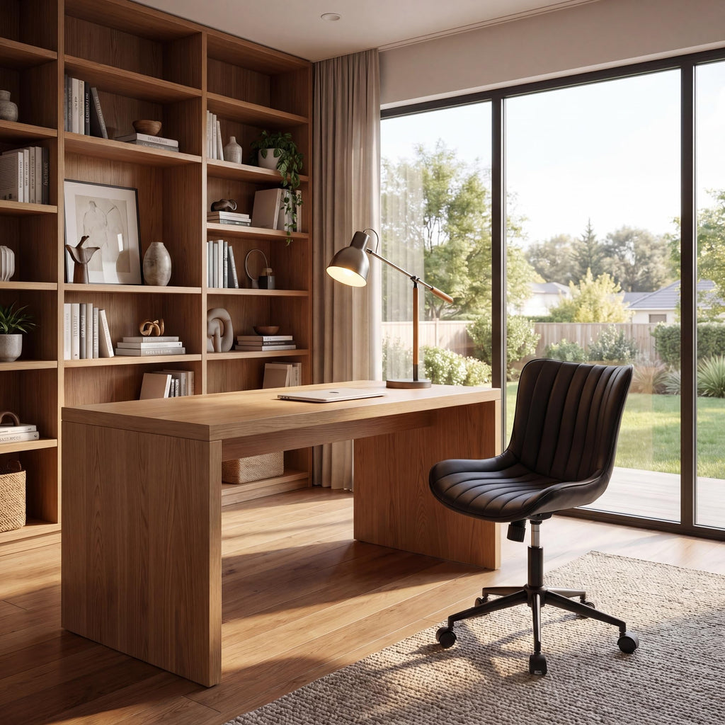Black Office Desk Chair with Wheels Comfy Armless Small Vanity Chair with Adjustable Rocking Back Modern Leather Upholstered Rolling Task Computer Chair Swivel Drafting Chair Compact