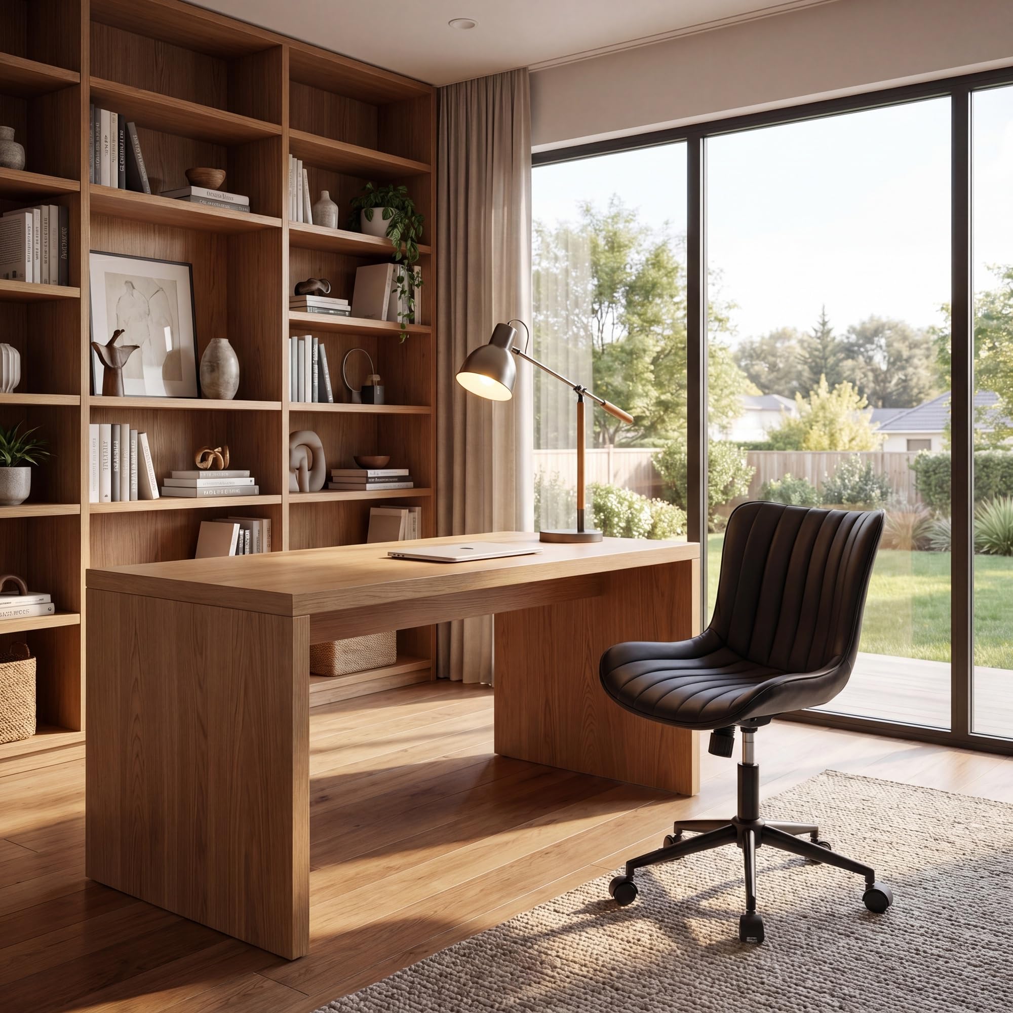Black Office Desk Chair with Wheels Comfy Armless Small Vanity Chair with Adjustable Rocking Back Modern Leather Upholstered Rolling Task Computer Chair Swivel Drafting Chair Compact
