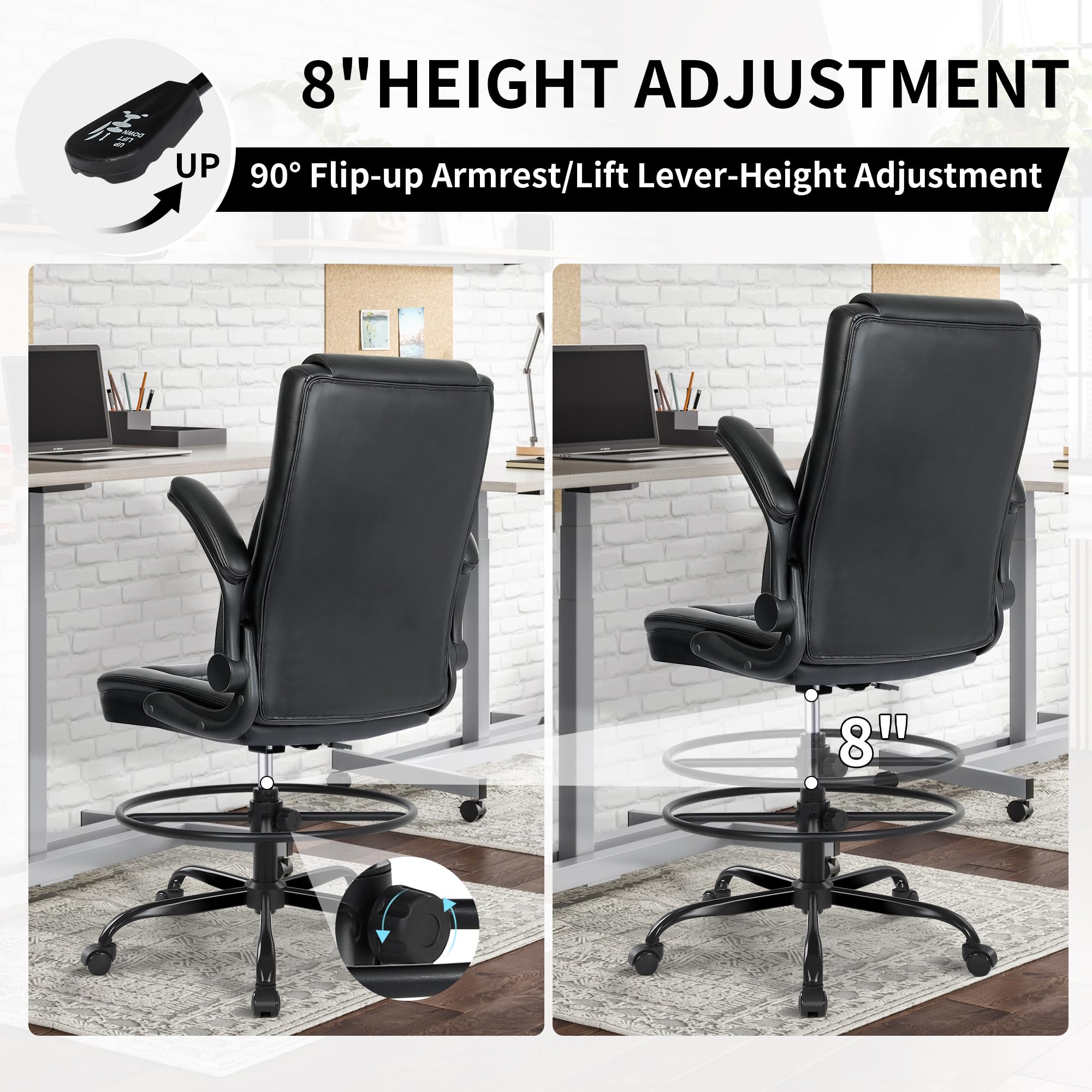 Misolant Drafting Chair with Footrest Ring, Tall Office Chair for Standing Desk, PU Faux Leather Bar Counter Height Chairs with Adjustable Height, 360° Swivel Wheels for Garage Office, Black