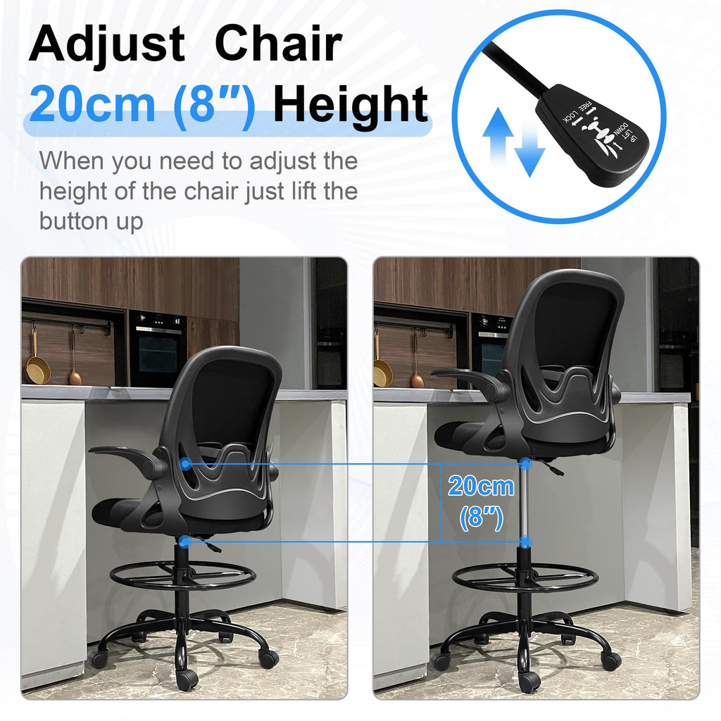Drafting Chair Tall Office Chair with Flip-up Armrests Executive Ergonomic Computer Standing Desk Chair with Lumbar Support and Adjustable Footrest Ring (Black)