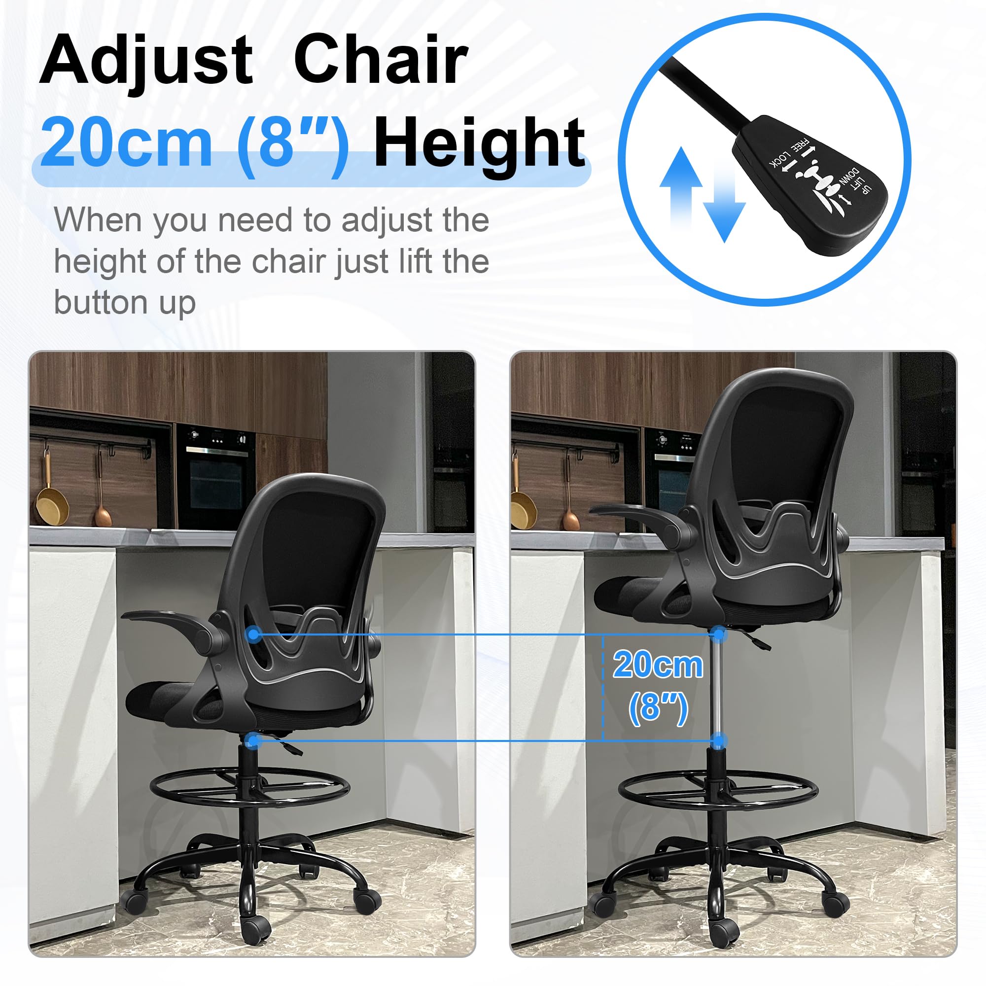 Drafting Chair Tall Office Chair with Flip-up Armrests Executive Ergonomic Computer Standing Desk Chair with Lumbar Support and Adjustable Footrest Ring (Black)