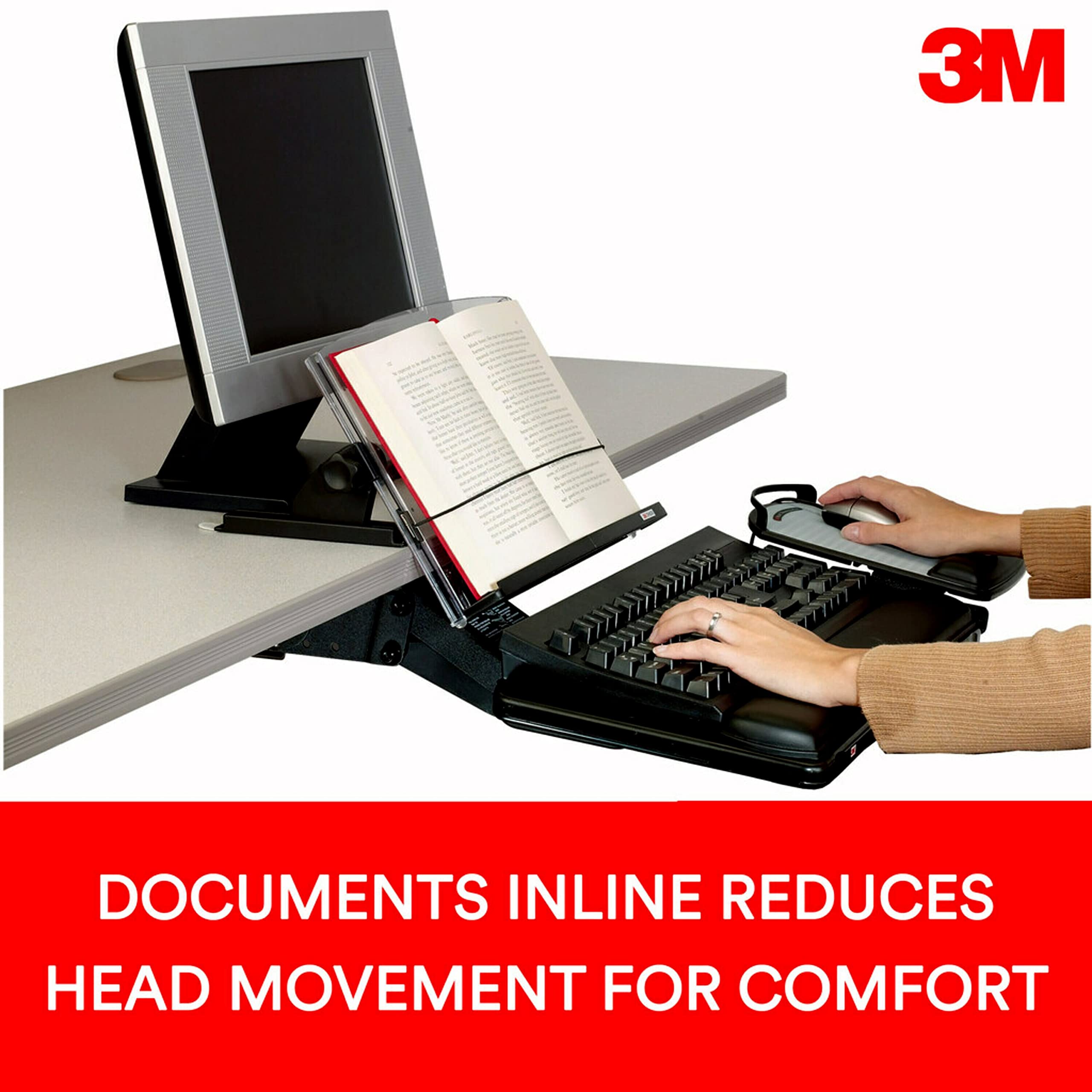Adjustable Document Copy Holder, Inline with Monitor Minimizing Head and Neck Movement, 150 Capacity Holds Sheets to Books, Elastic Guide Keeps Pages Open, 14" Wide, Black (DH630) - Black/Clear