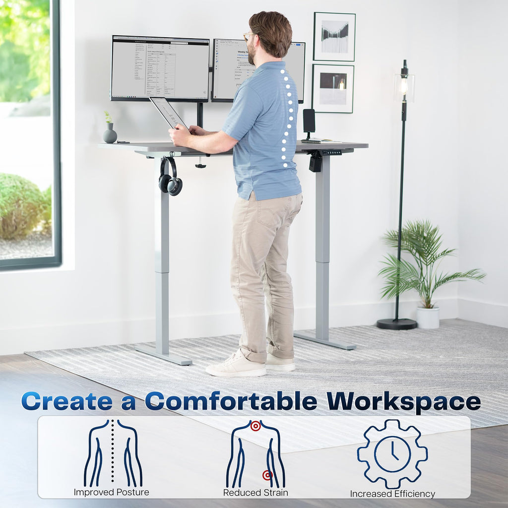 Electric 55 x 28 in Standing Desk, Memory Height Adjustment, 1B Series, Holds 220 lbs, One-Piece Dark Gray Top, Gray Frame