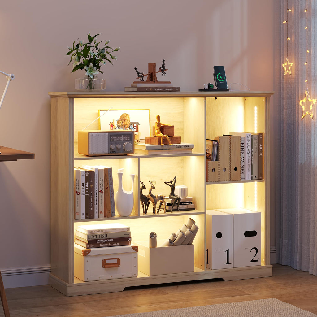 Adjustable LED Bookshelf with 3 Tiers and Motion Sensor - Natural Wood