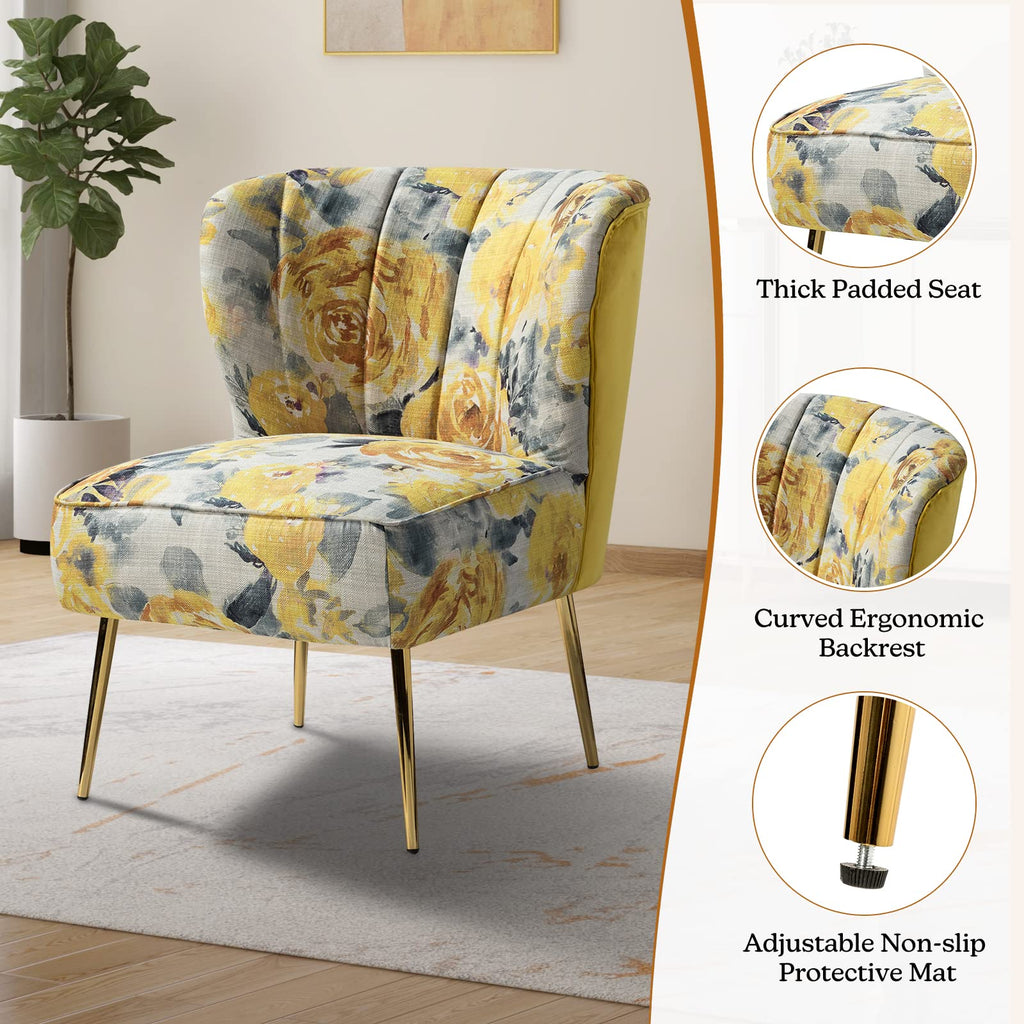 Accent Chair with Golden Legs, Comfy Tufted Wingback Living Room Chair Floral Fabric Small Armless Side Chair, Upholstered Slipper Chair for Bedroom, Reading Room (Flower Print, Yellow)
