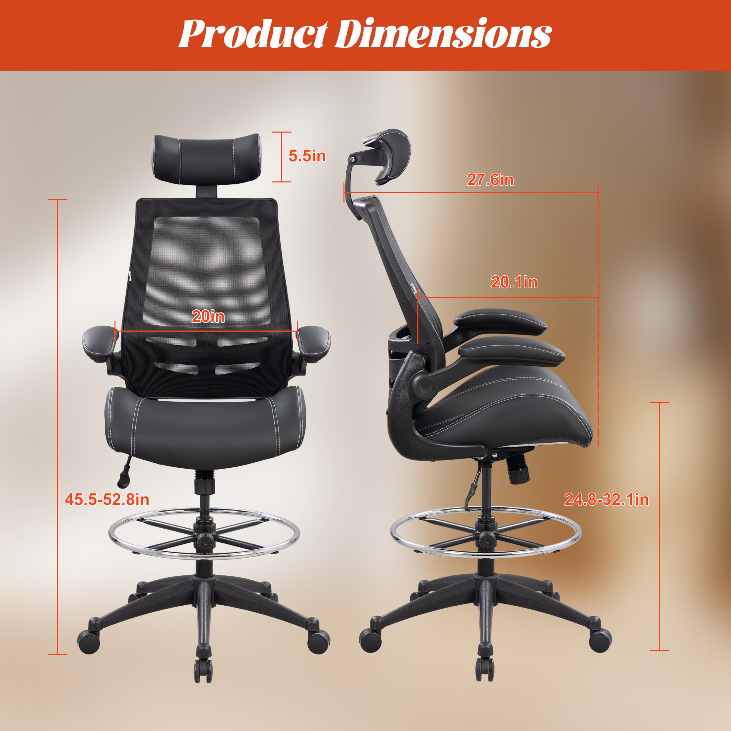 Tall Ergonomic Office Chair, Sustainable Tech-Leather Drafting Chair with Adjustable Foot Ring, 90° Flip-Up Arms Space Saving Mesh Computer Desk Chair for Standing Desk Executive Work 8+ Hours