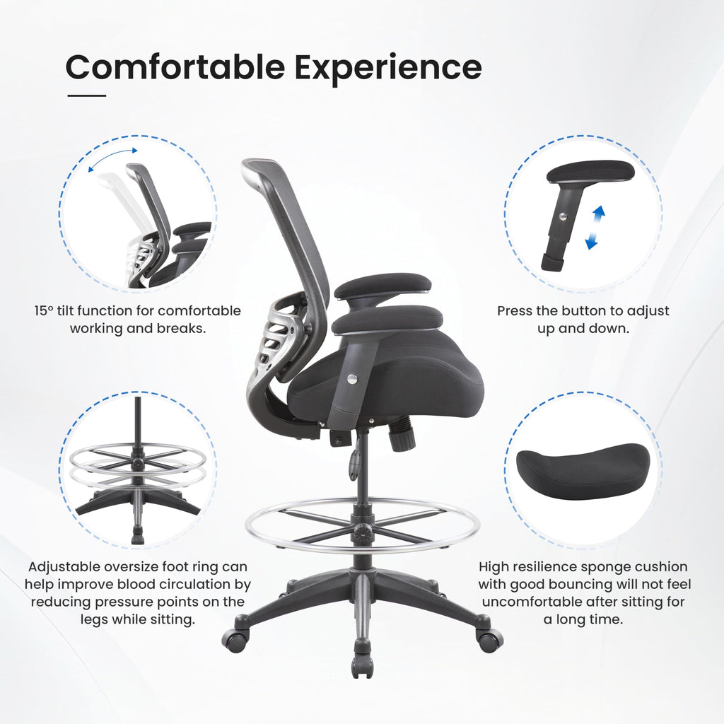 400lbs Mid Back Mesh Ergonomic Drafting Chair for Standing Desk Office Wide Chair Built-in Lumbar Support Big Adjustable Foot Ring Height Adjustable Armrest (Black)
