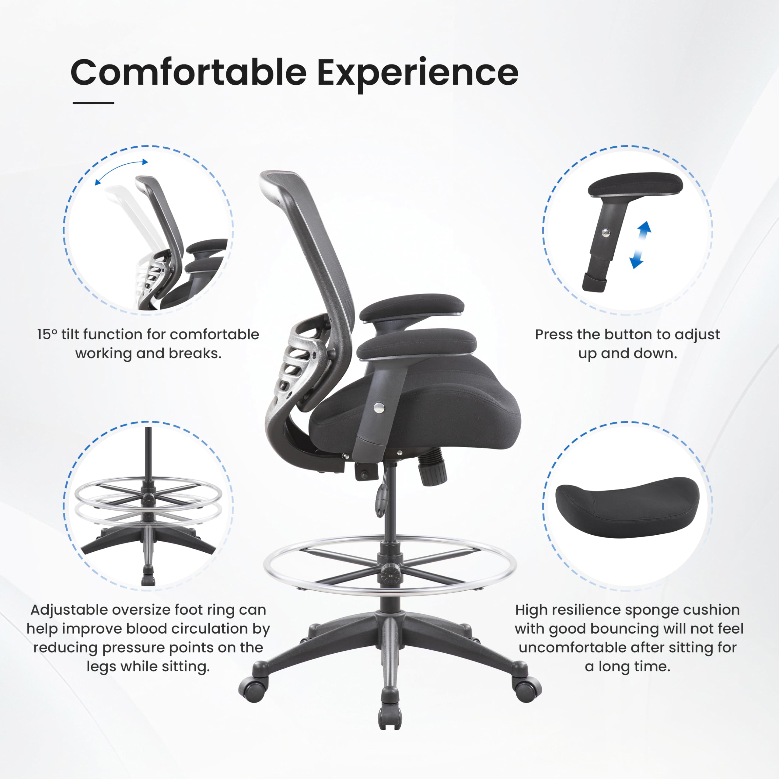 400lbs Mid Back Mesh Ergonomic Drafting Chair for Standing Desk Office Wide Chair Built-in Lumbar Support Big Adjustable Foot Ring Height Adjustable Armrest (Black)