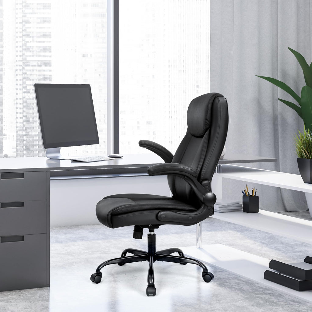 Ergonomic Office Chair Executive Computer Desk Chair Gaming High Back Support Comfy Seat Flip-up Arms Adjustable Height Swivel Rolling Wheels PU Leather for Home (Dark Black)