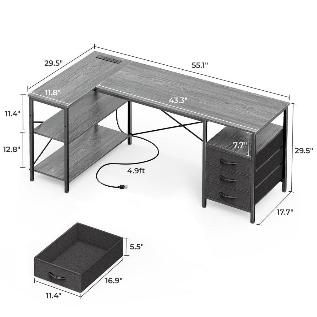L Shaped Office Desk with Power Outlets, 55 Inch Computer Desk with 3 Drawers, Shelves, Reverisble for Gaming Corner Work Home Office Study, Grey
