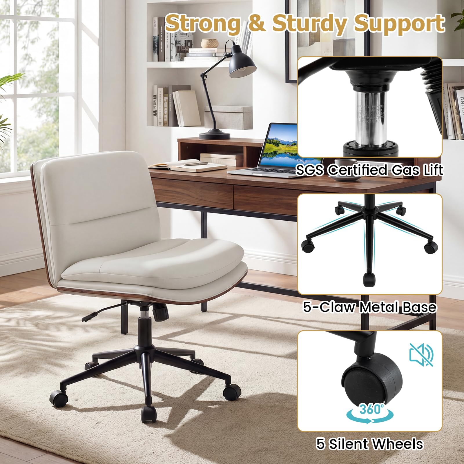 Armless Office Chair with Wheels, PU Leather Height Adjustable Vanity Chair w/Curved Backrest, Mid-Back Criss Cross 360° Swivel Ergonomic Computer Desk Chair for Home Office & Bedroom (White)