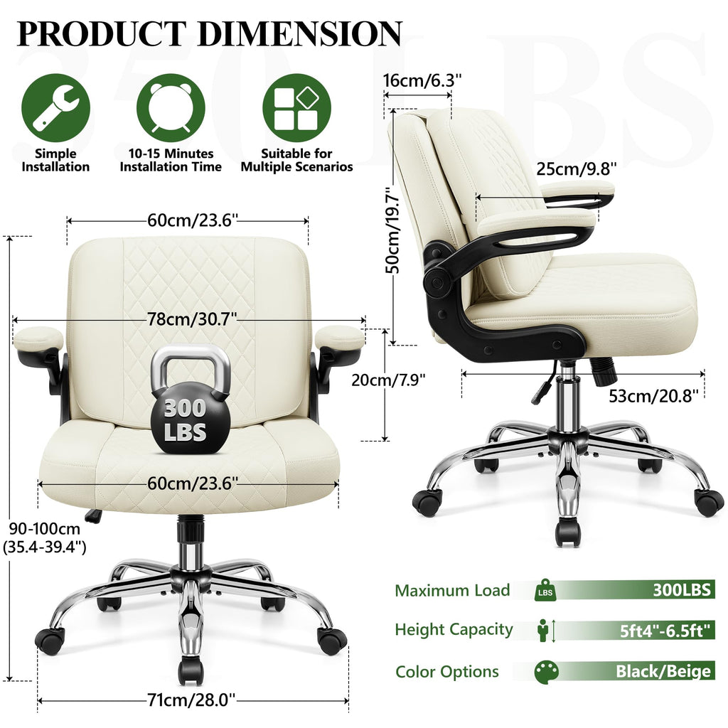 Criss Cross Office Chair with 2-in-1 Flip Backrest – Ergonomic PU Leather Floor Sitting Chair, Adjustable Height, 360° Swivel & Flip-Up Arms, Extra-Wide Seat for Home Office, Vanity, Nail Salon-White