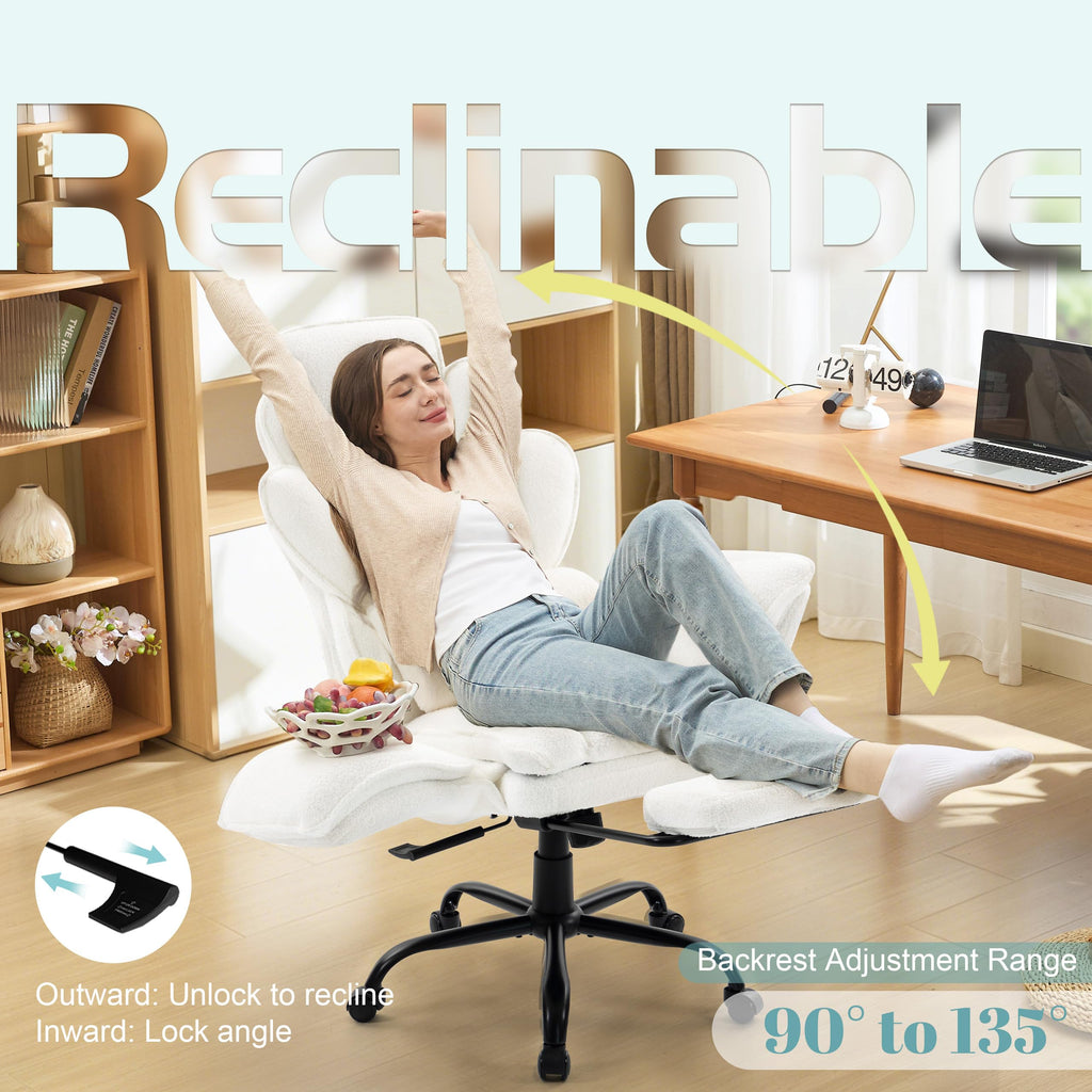 Flip Armrests Criss Cross Office Chair, Reclining Office Chair with Foot Rest, Adjustable Headrest, Massage Waist Pillow, Cross Legged Big and Tall Desk Chair Wide Seat Vanity Chair, Fabric White