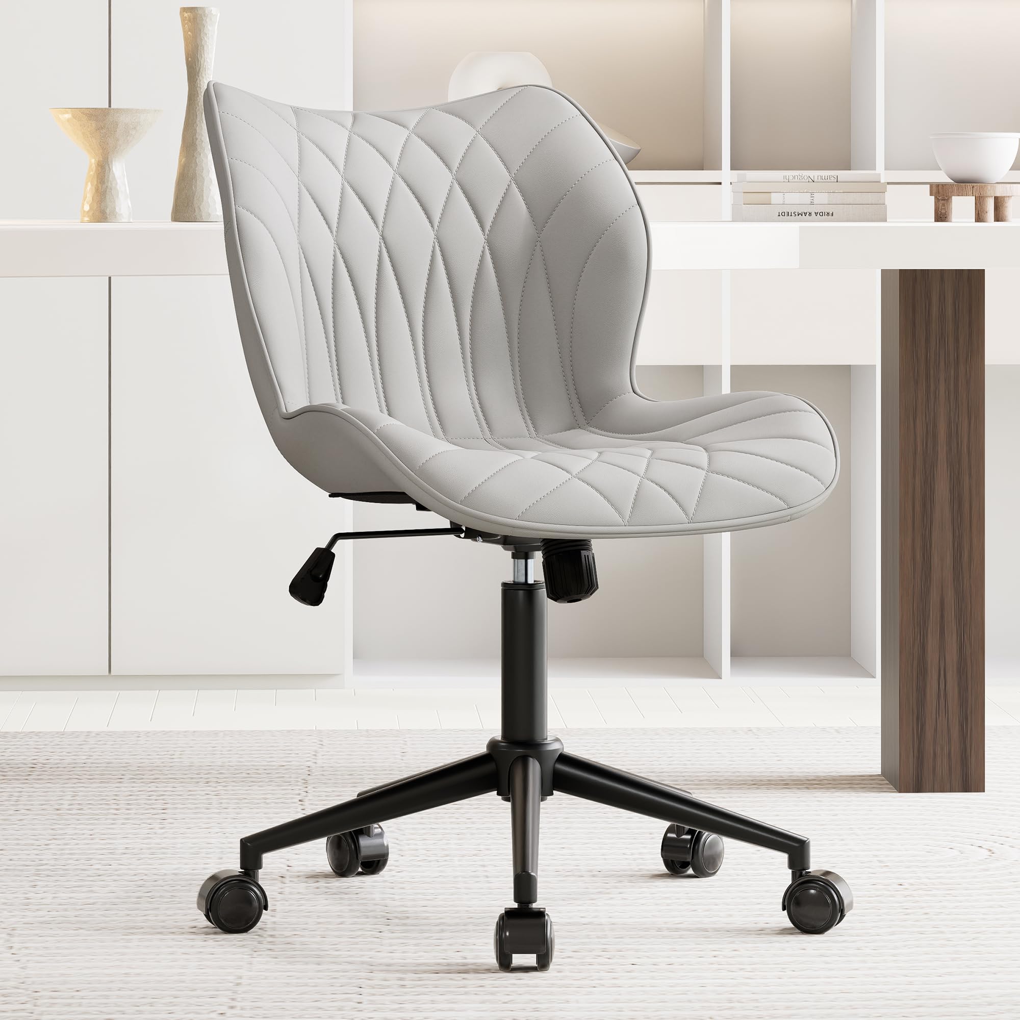 Armless Desk Chair Comfy Office Chair with Wheels Home Ergonomic Task Chair Adjustable Computer Chairs Modern Faux Leather Swivel Chair Upholstered Makeup Vanity Chair with Back(Gray)