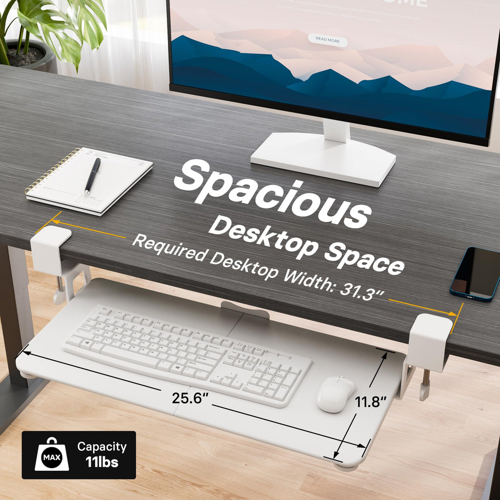 Under Desk Keyboard Tray, Pull-Out Keyboard & Mouse Platform with C-Clamp, 25.6 x 11.8 in Space-Saving Ergonomic Slide-Out Drawer, White
