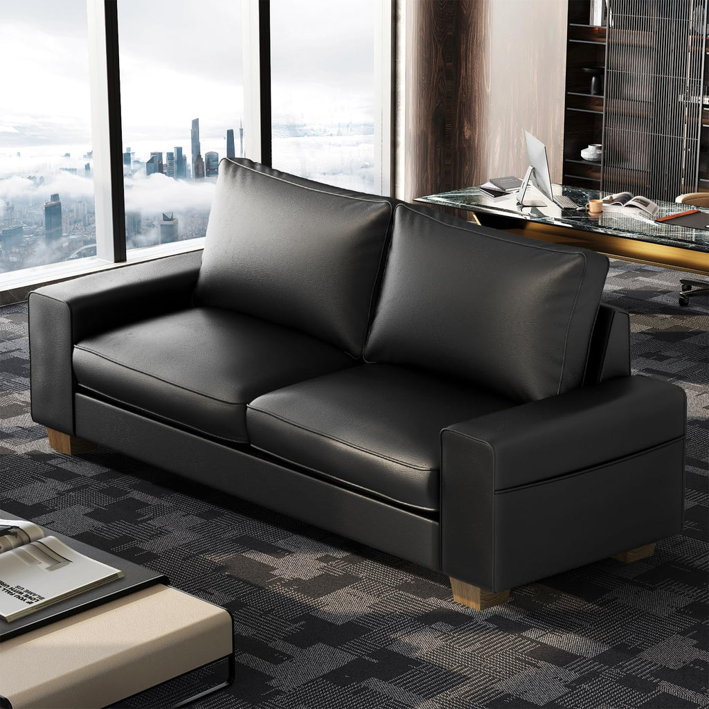 Faux Leather Couch, Mid Century Modern Comfy Loveseat Sofa with Wide Arm, Side Pockets, Solid Wooden Frame for Office, Living Room and Bedroom, 3 Seater (Black, 88.58 inches)