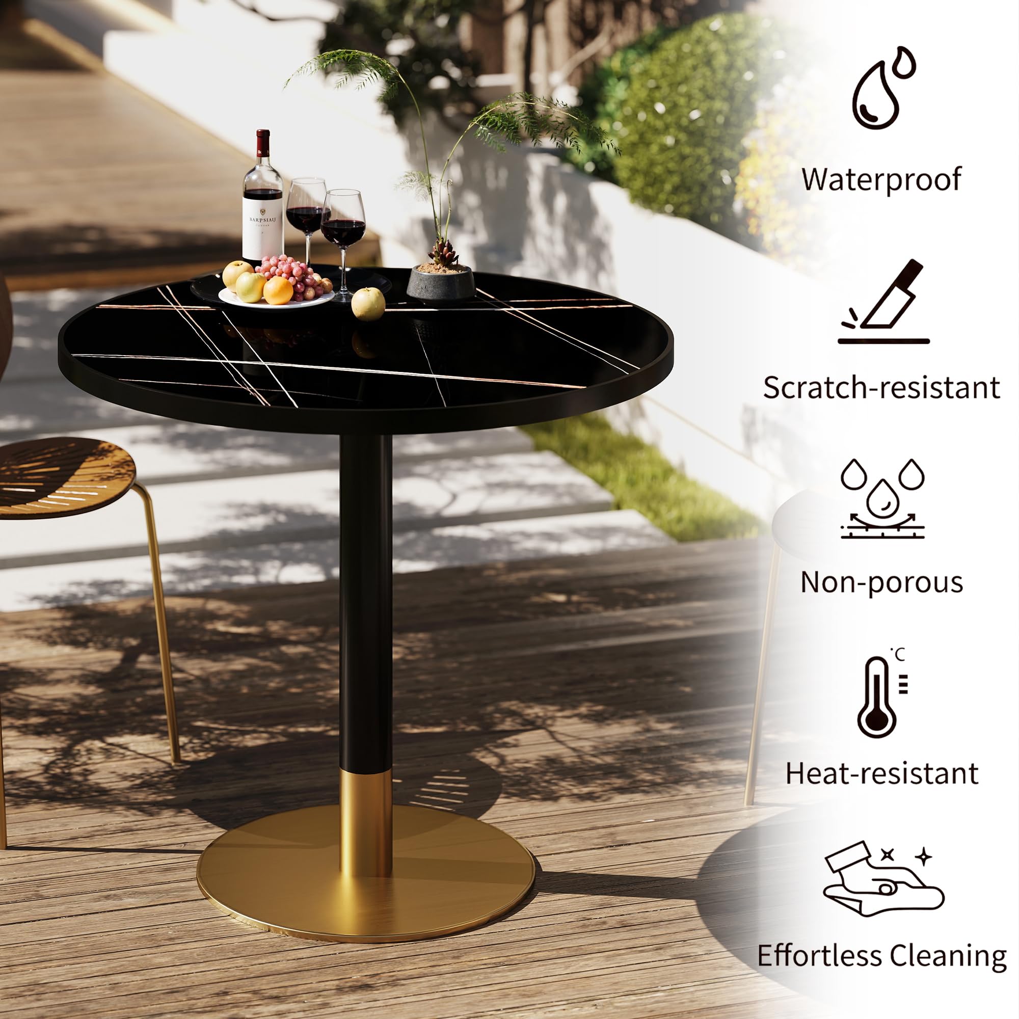 hausway 31.5" Tulip Table,Round Kitchen Dining Table for 2-4 with Thick Sintered Stone Top,Titanium Golden Pedestal Base,Heat-Resistant,Bistro Table for Dining Room,Café,Small Space（Gilded Chord）