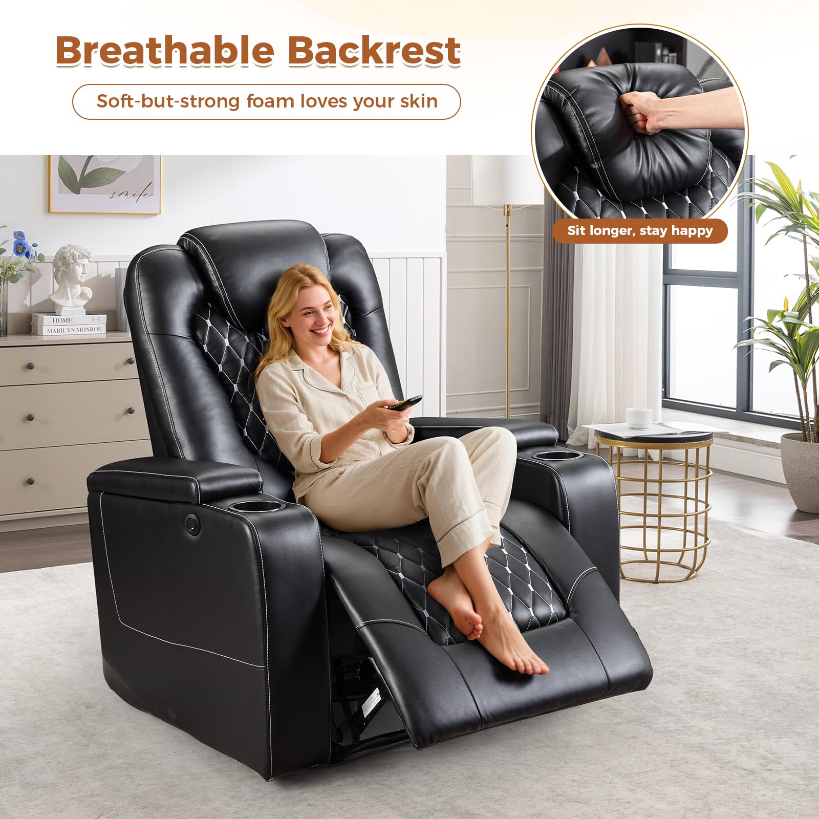 Power Recliner Chair Set of 5, Electric Soft Faux Leather Reclining Home Theater Seating - USB Ports, Cup Holders, Hidden Arm Storage Movie & Media Room Chairs (Black)