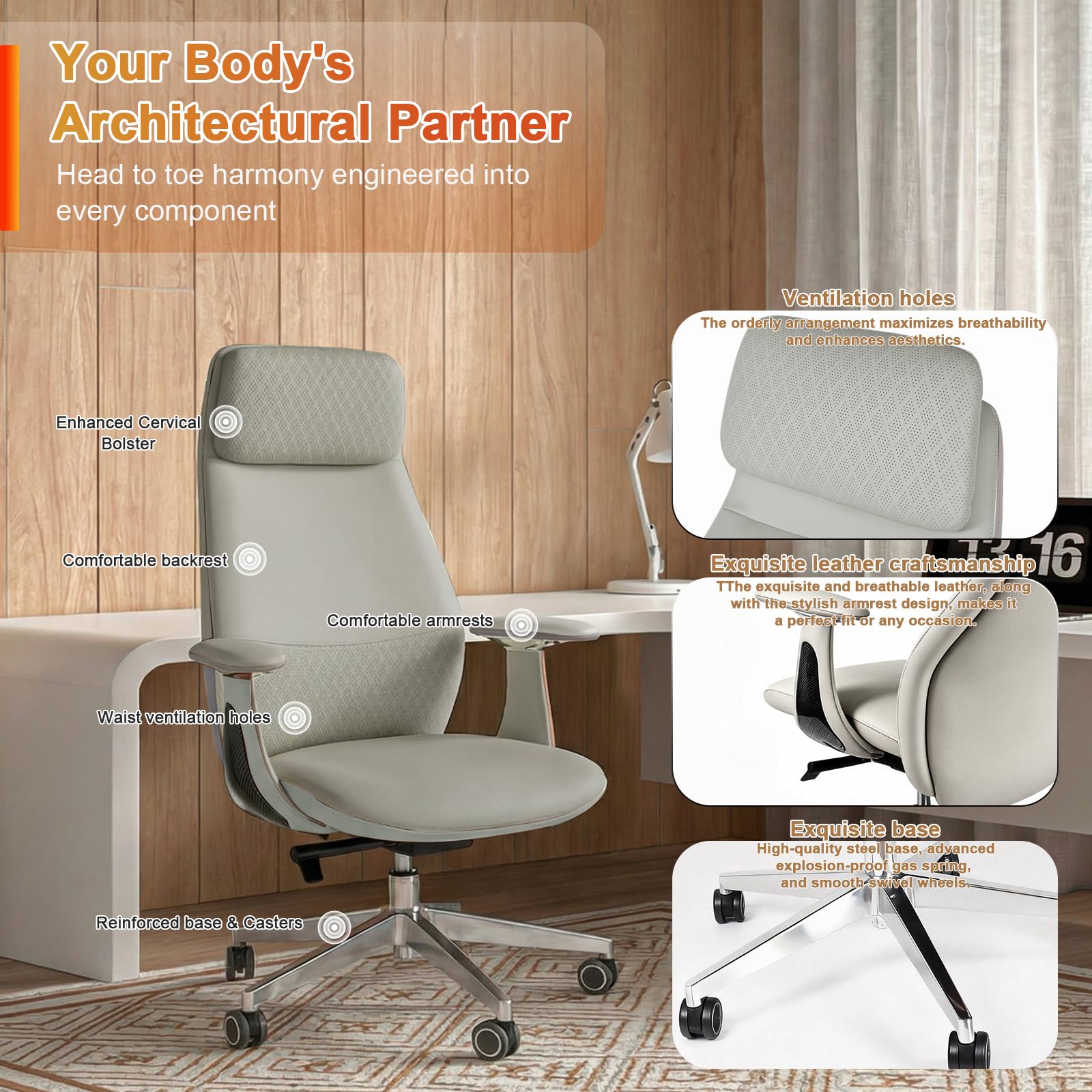 Genuine Leather High-Back Executive Office Chair,Ergonomic