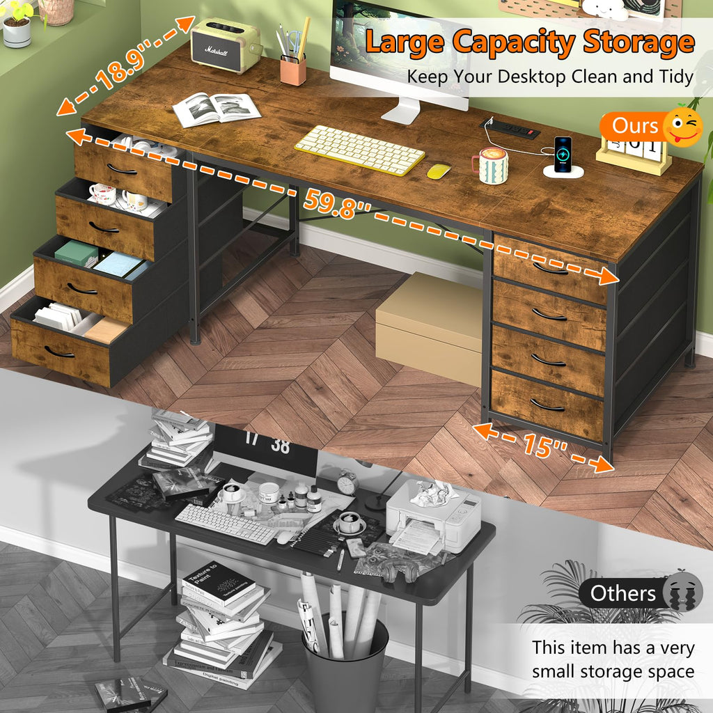 60 Inch Computer Desk with 8 Drawers, Home Office Desk with Power Outlets, Work Study Gaming Desk with 8 Fabric Drawers, Rustic Brown
