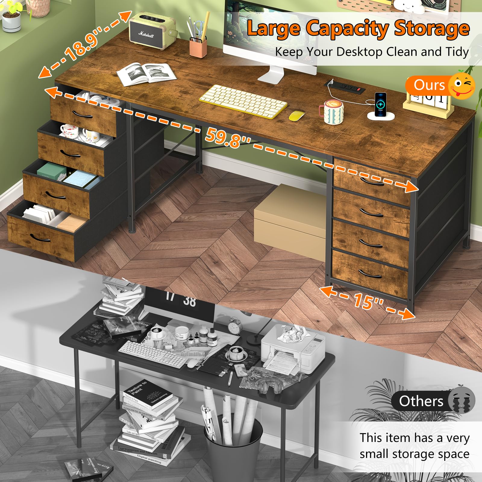 60 Inch Computer Desk with 8 Drawers, Home Office Desk with Power Outlets, Work Study Gaming Desk with 8 Fabric Drawers, Rustic Brown