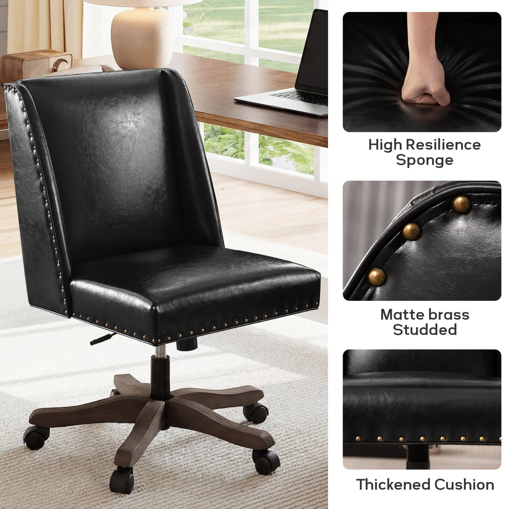 Armless Home Office Chair with Wooden Legs, Modern Leather Upholstered Office Desk Chair No Arms Sewing Chair Adjustable Swivel Desk Chair for Farmhouse Office Study Studio (Black)