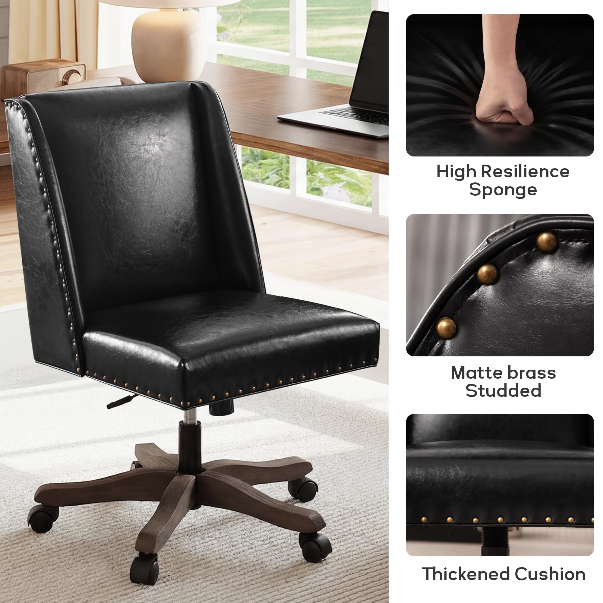 Armless Home Office Chair with Wooden Legs, Modern Leather Upholstered Office Desk Chair No Arms Sewing Chair Adjustable Swivel Desk Chair for Farmhouse Office Study Studio (Black)