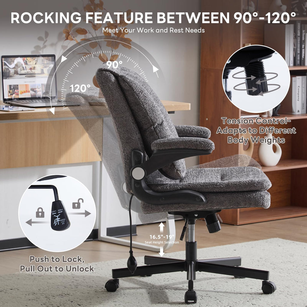 Criss Cross Office Chair with 2 in 1 Inflatable Flip-up Back, Ergonomic Wide Seat Desk Chair with Adjustable Arms and Wheels, Cross Legged Office Chair for Home & Office, Gray