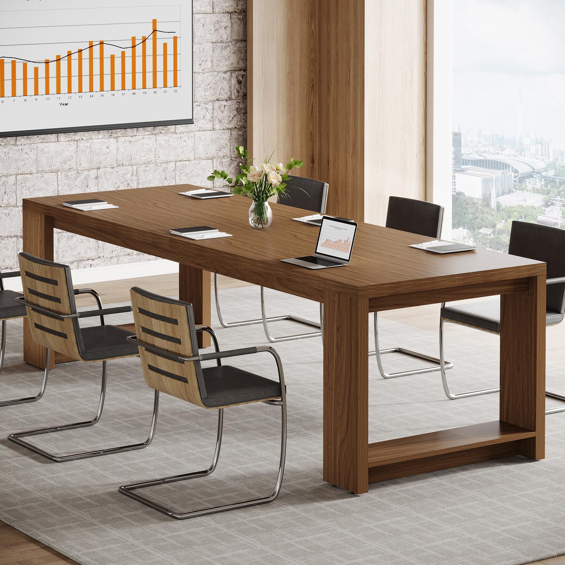 7 ft Conference Table for 6 to 8 People, Modern Rectangle Meeting Room Desk for Boardroom, Home Office (1, Brown)