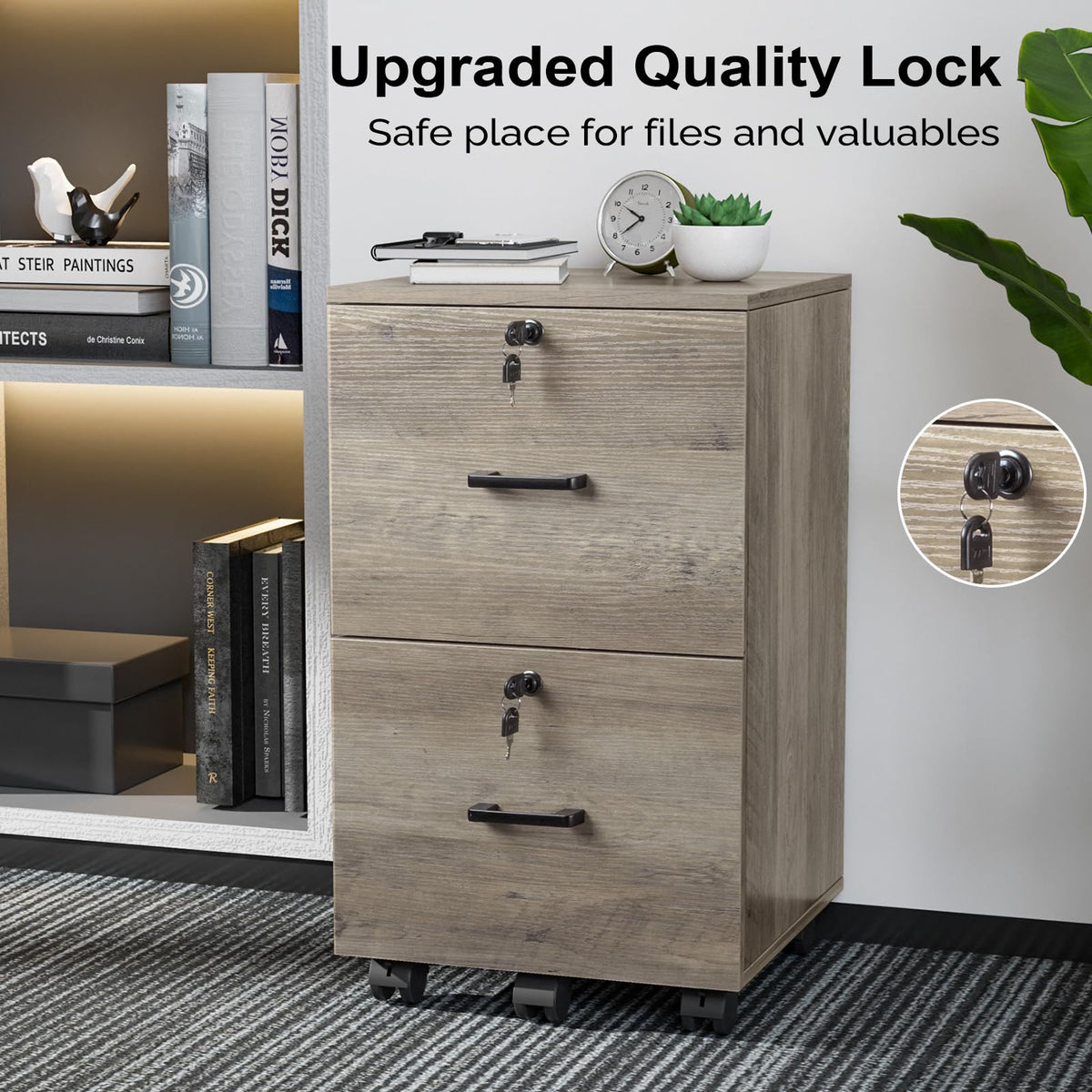 2 Drawer File Cabinet with Lock, Wood Rustic Gray Filing Cabinet for Letter Size File Folders with Tabs, Under Desk Rolling File Cabinets for Home Office, Mobile File Organization Printer Stand