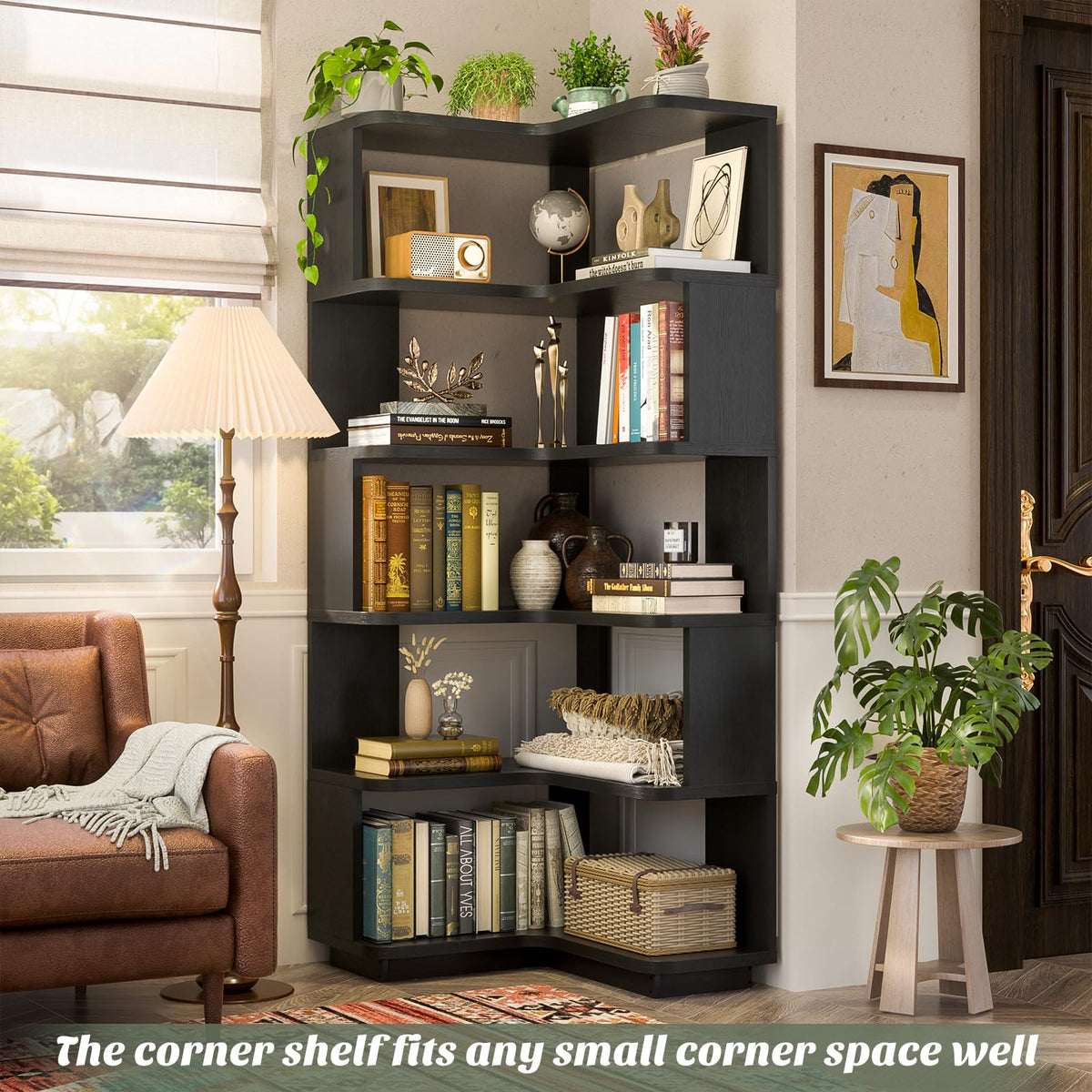Corner Book Shelf, 6-Shelf L Shaped Corner Bookshelf with Baffle