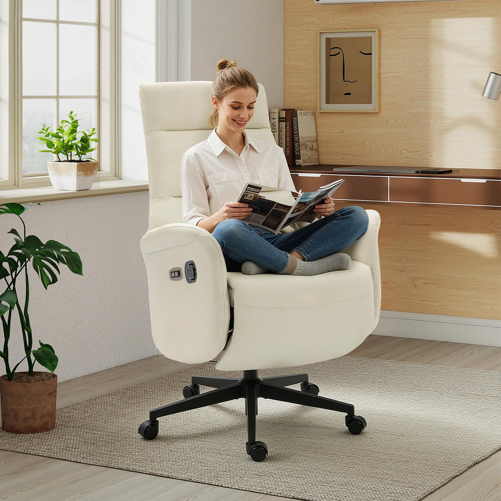 Ergonomic PU Leather Recliner Chair with Footrest, Electric Executive Office Chair for Home Office, Adjustable Seat Height and Backrest, 330 lbs Capacity, Beige