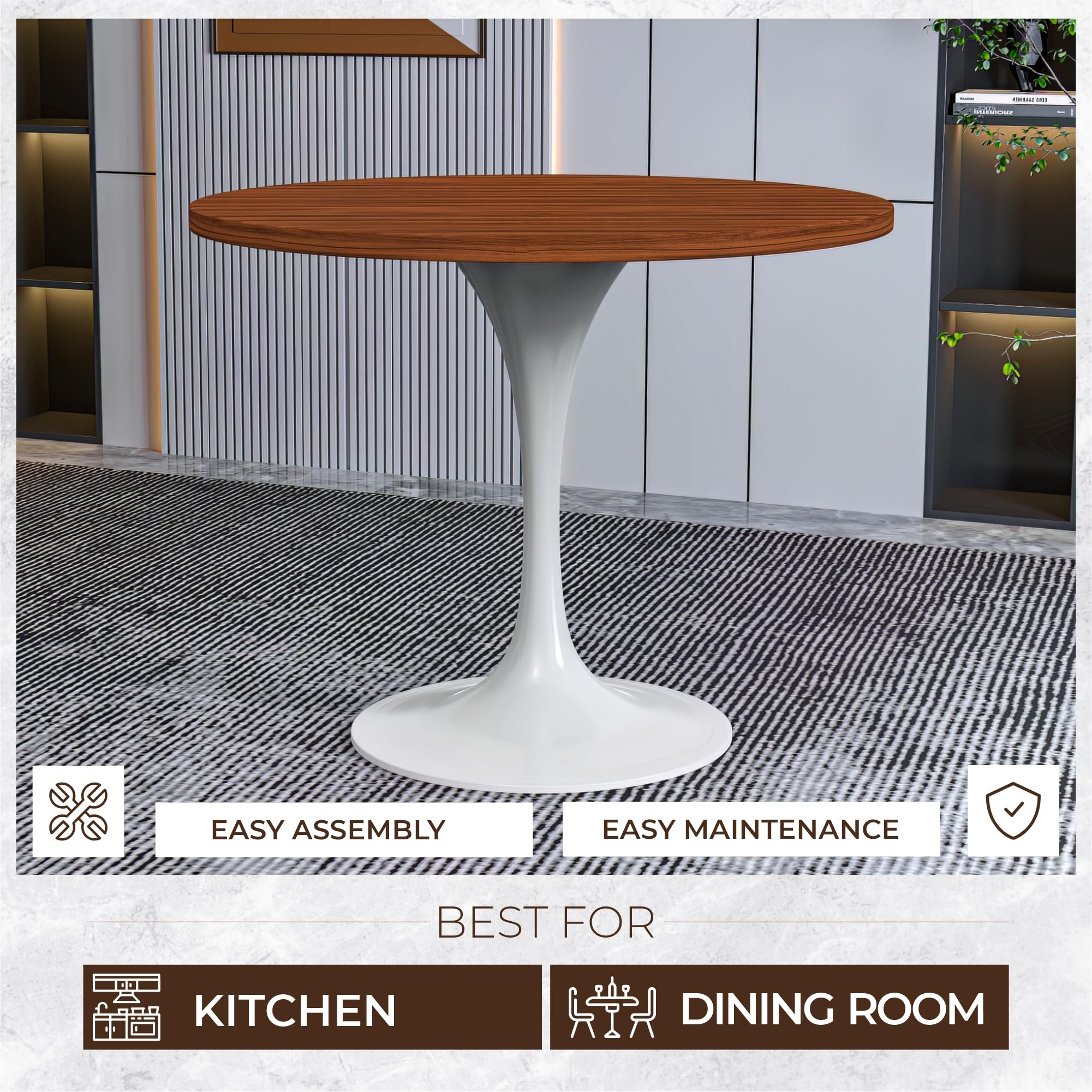 Verve Mid-Century Modern 36 Inch Round Dining Table, MDF Wood Tabletop with White Steel Pedestal Base, Contemporary Kitchen & Dining Room Table, for Small Spaces (Cognac Brown)