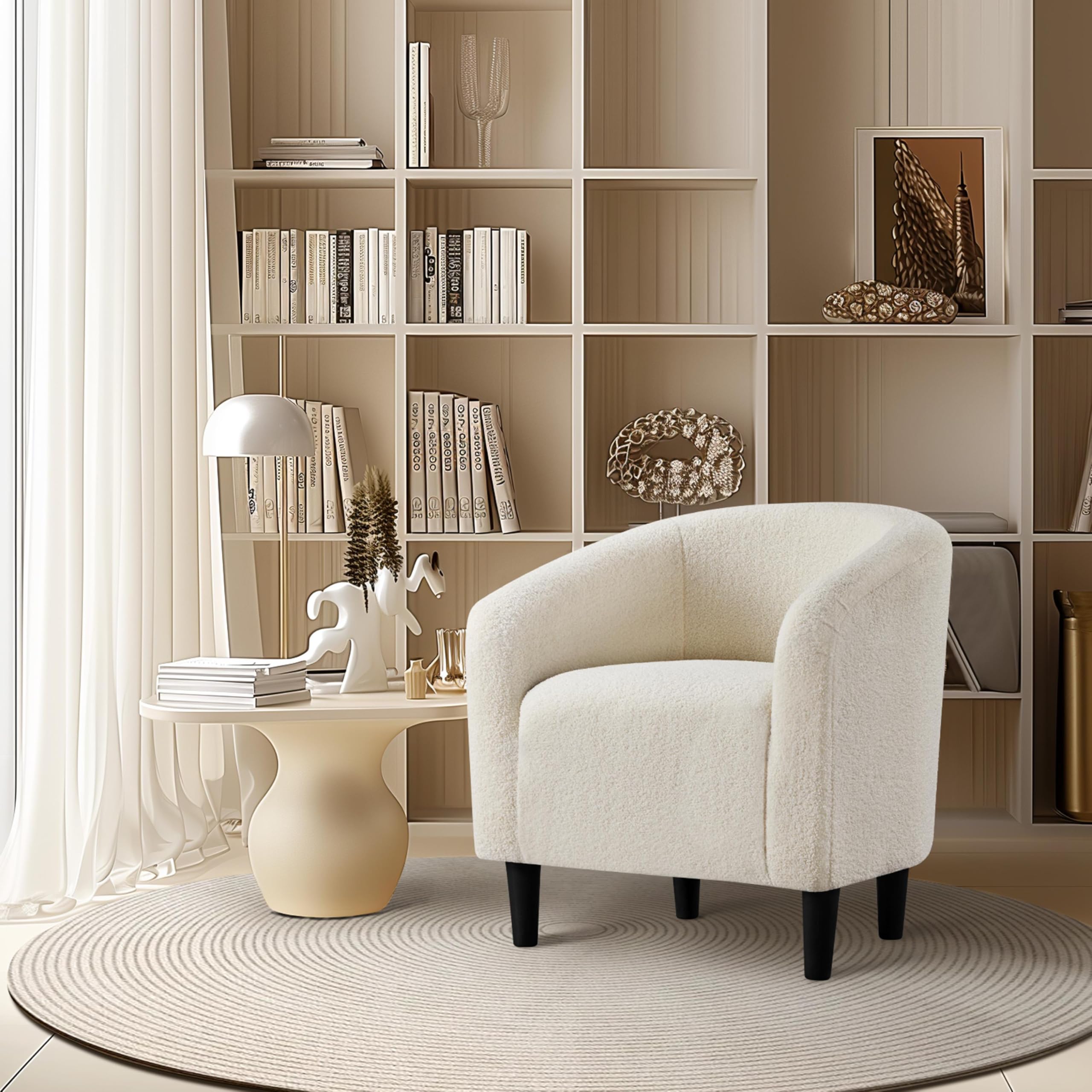 Accent Barrel Chair, Boucle Fabric Club Chair, Furry Sherpa Elegant Armchair with Cozy Soft Padded, Suitable for Living Room Bedroom Reception Room Office, Ivory