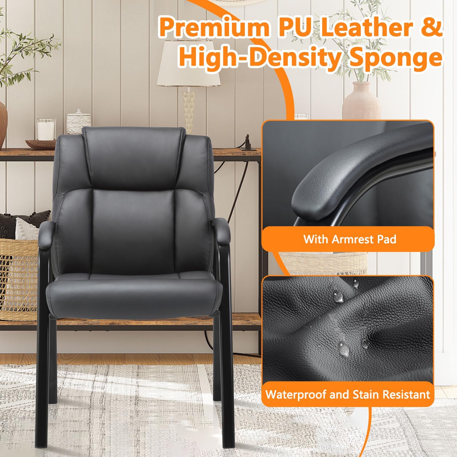 8 Pack, Leather Guest Chair with Padded Arm Rest for Reception Meeting Conference and Waiting Room Side Office Home Black