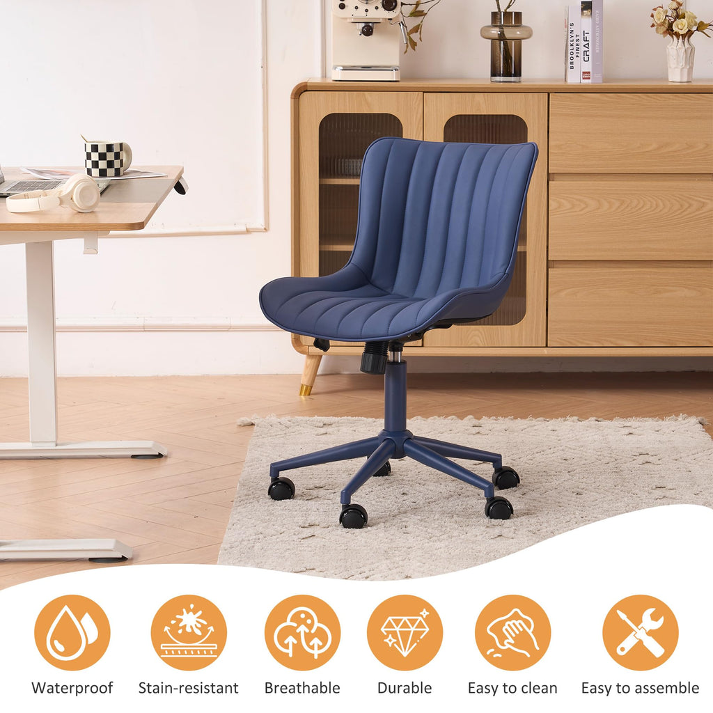 Office Desk Chair with Wheels Armless Vanity Chair with Back Comfy Leather Upholstered Rolling Task Chair Swivel Small Cute Sewing Chair No Arms Wide Ergonomic Mid-Century Modern Navy Blue