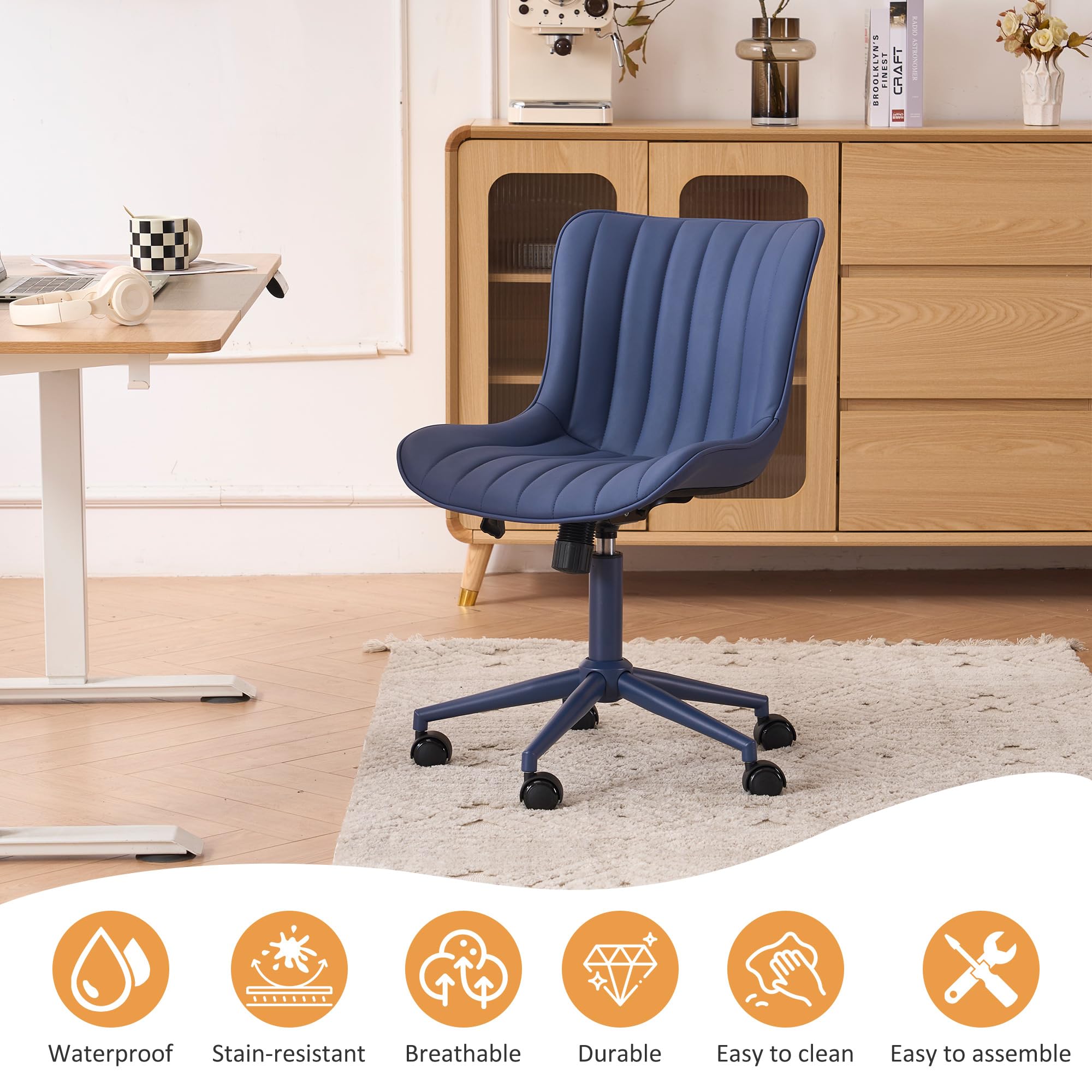 Office Desk Chair with Wheels Armless Vanity Chair with Back Comfy Leather Upholstered Rolling Task Chair Swivel Small Cute Sewing Chair No Arms Wide Ergonomic Mid-Century Modern Navy Blue