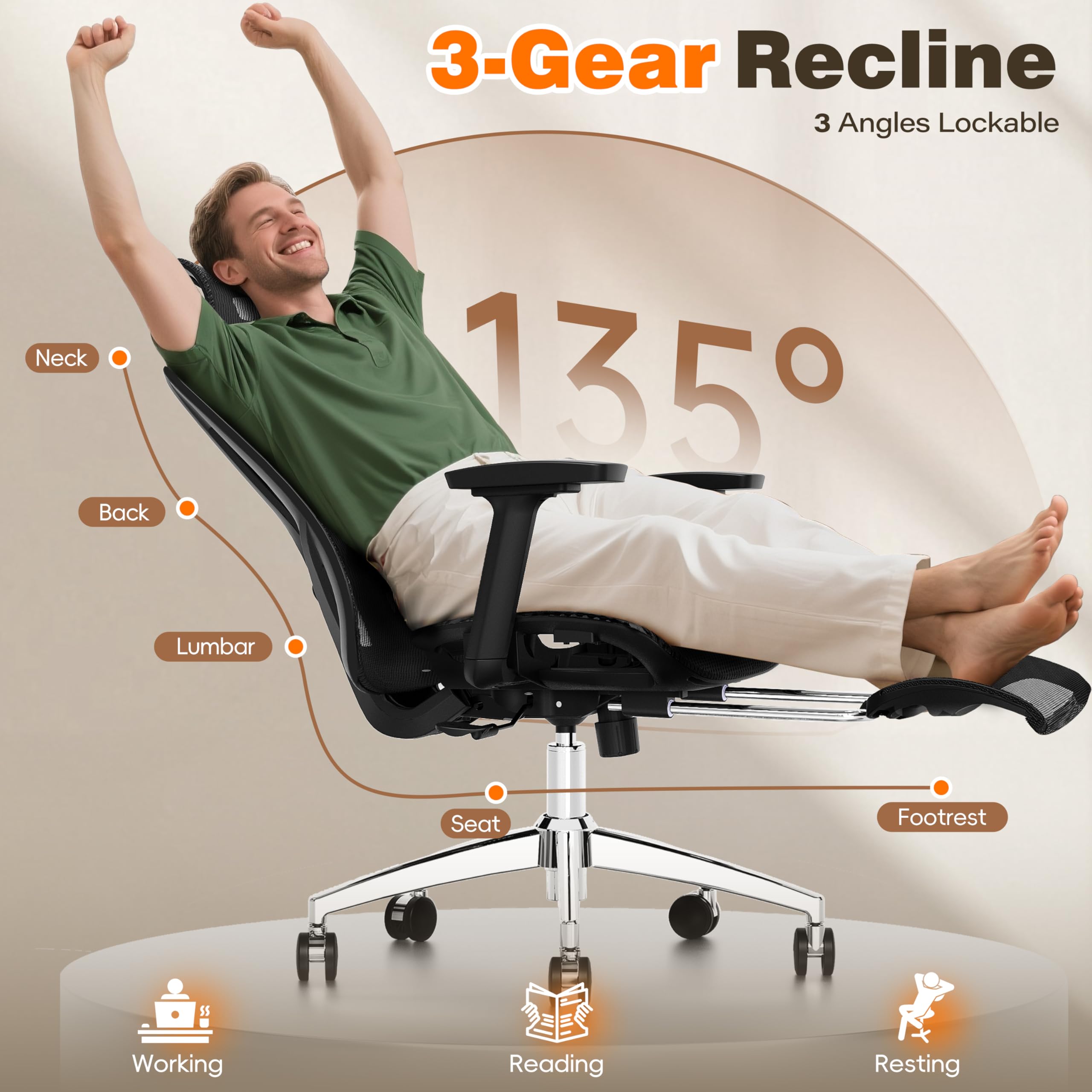 Ergonomic Office Chair with Footrest, 135° Reclining Desk Chair with Adjustable Lumbar Support,3D Armrest,Headrest & Large Steel Base, 300LBS Heavy Duty Mesh Chair