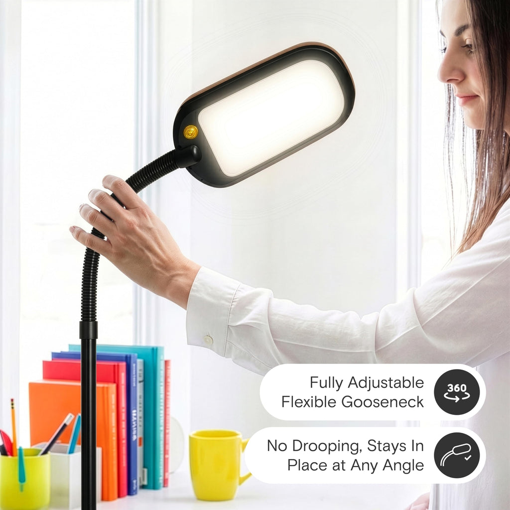 Litespan Slim LED Floor Lamp - Modern Reading Light Over Chair for Living Rooms & Offices, Tall With Adjustable Gooseneck, Crafts Work Light, Dimmable Standing for Bedroom - Wood