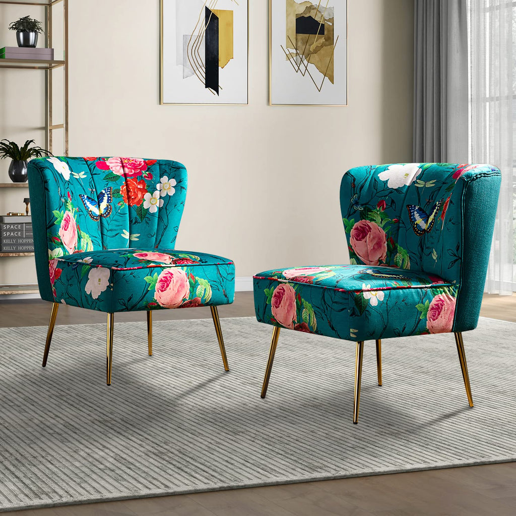 Accent Chair Set of 2 with Golden Legs, Comfy Floral Fabric Living Room Chair, Wingback Small Armless Side Chair, Upholstered Slipper Chair for Bedroom, Reading Room (Flower Print, Blue)