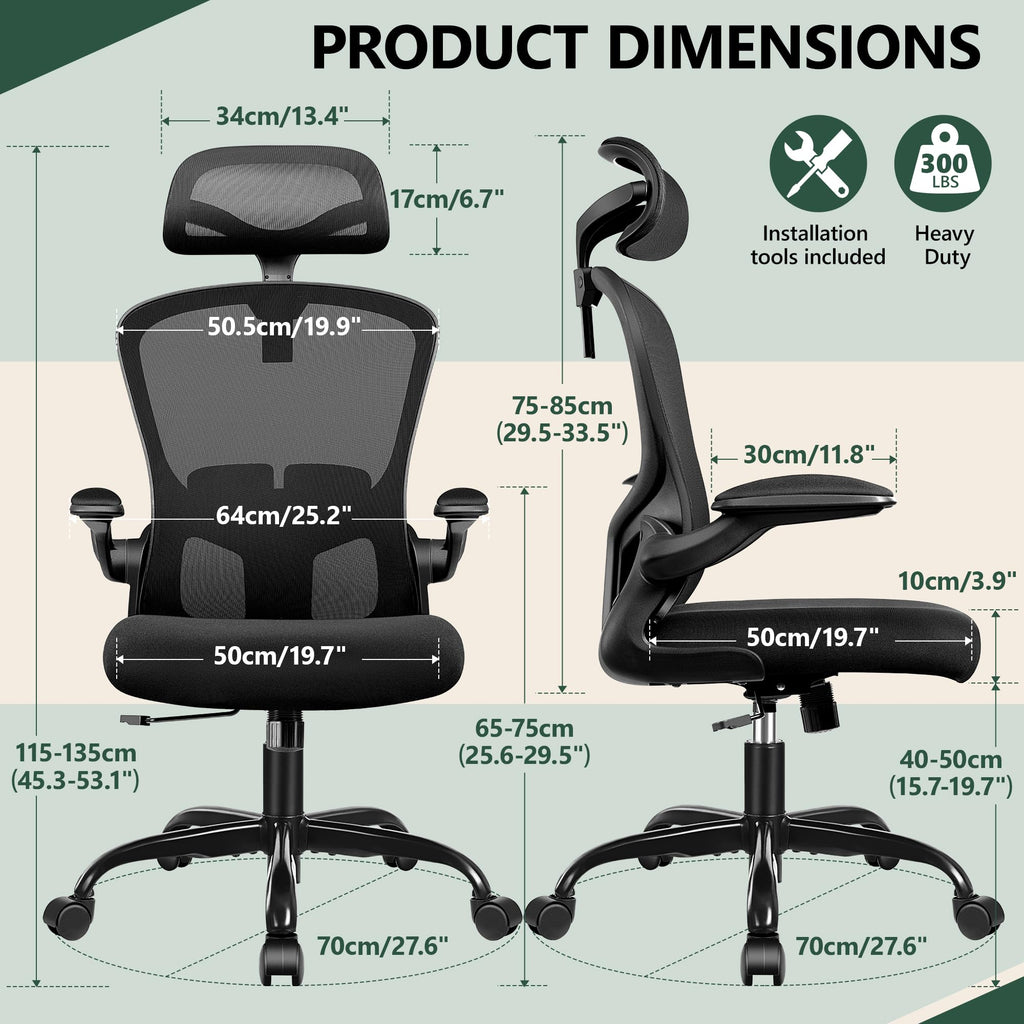 Office Chair Ergonomic Desk Chair with Headrest, High Back Computer with Adjustable Lumbar Support and Wheels,Executive Swivel Comfy with flip-up Armrests for Home Office